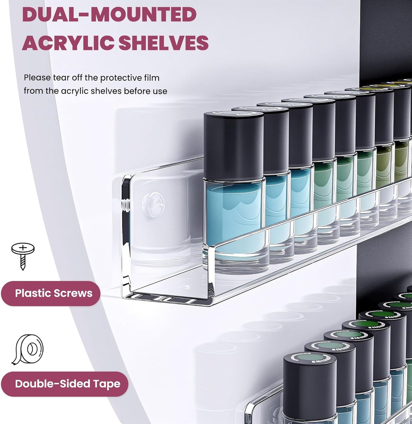 Wall Mount Nail Polish Organizer, 2 Packs Wood Nail Polish Rack w/Acrylic Barrier, 5-Tier Round Storage & Display Shelf, Perfume Essential Oil Bottles Holder, White & Black