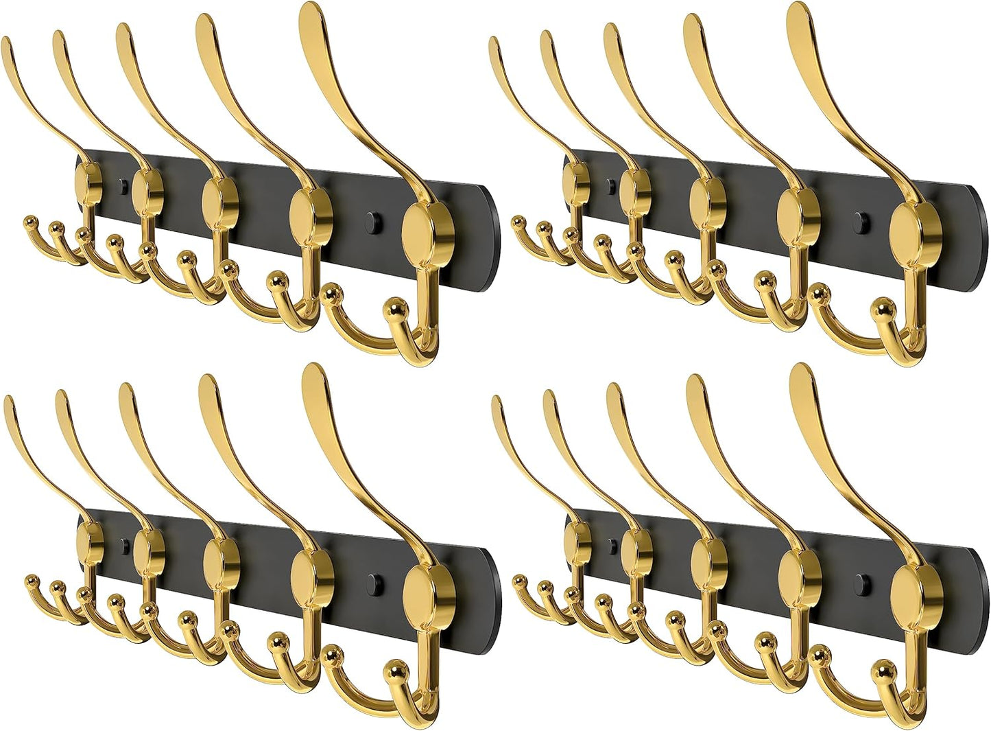 Coat Rack Wall Mount with 5 Tri Hooks, Stainless Steel 16 Inch – Black & Gold Matte Finish, Heavy Duty Wall Mounted Hook Rack for Coats, Hats, Towels, Scarfs, Robes, Bags, Entryway & Bathroom, 4 Pack