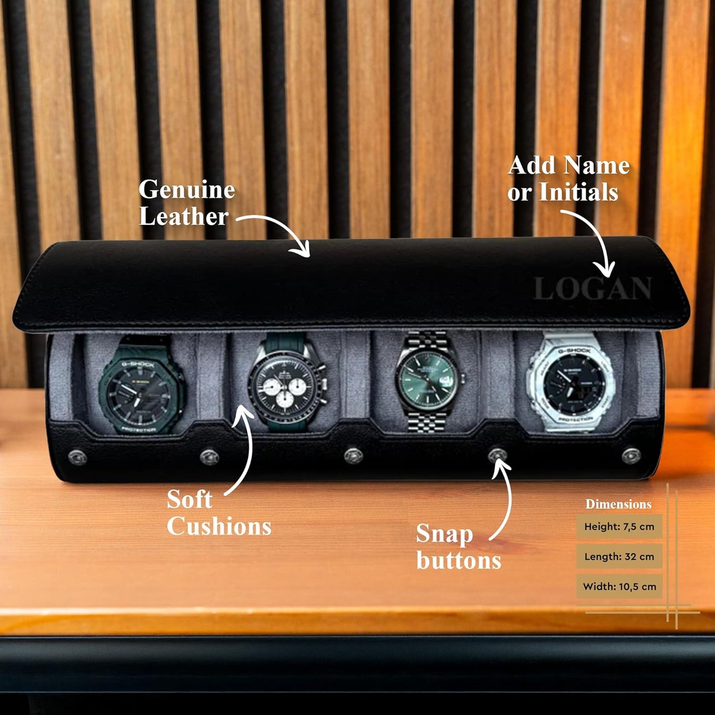 DailyWatch | Personalized Watch Roll Travel Case For 4 Watches - Handmade Genuine Leather Travel Case With Custom Engraving of Name or Initials - Black Grey