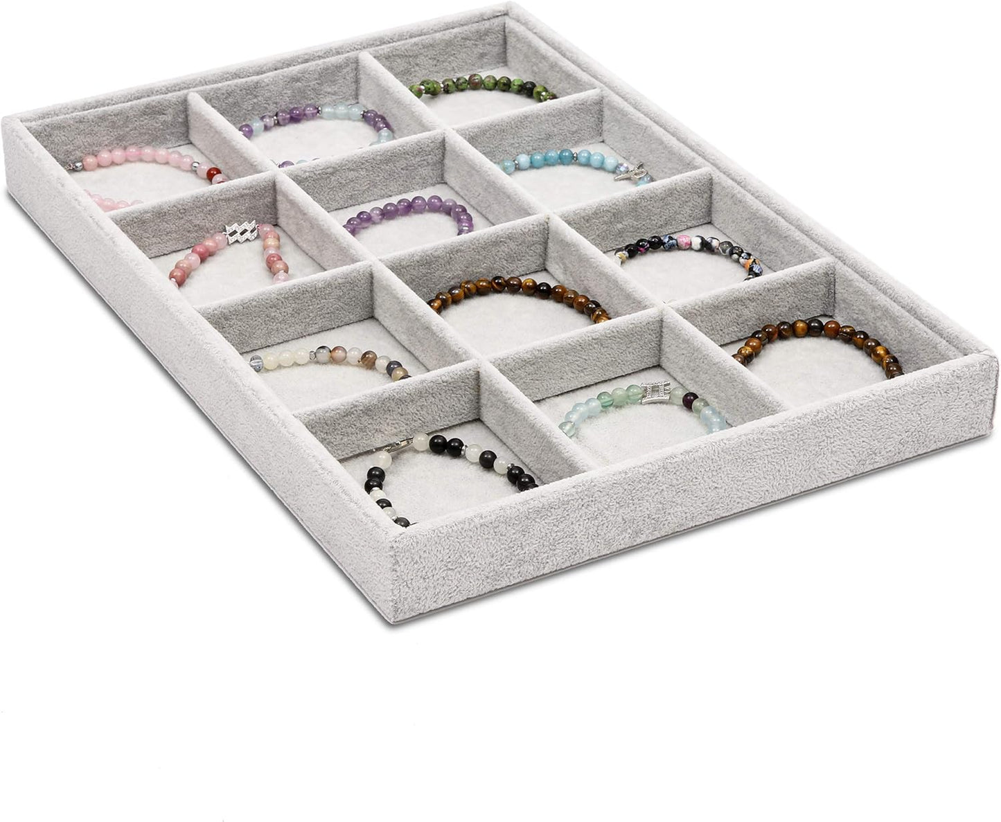 Juvale Velvet Stackable Jewelry Organizer Tray - 12-Grid Bracelet Holder & Ring Organizer - Velvet Jewelry Tray with Soft Compartments - Bracelet Holder Drawer Fits Standard Drawers - 14 x 9.5 In Gray