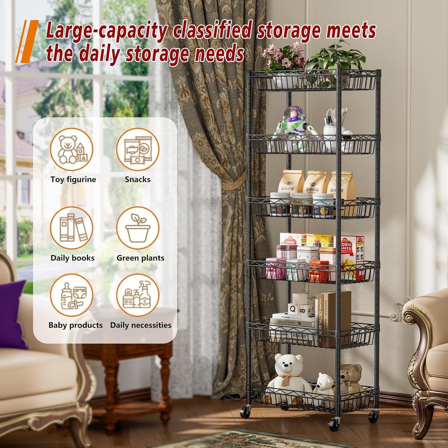 6 Tier Basket Shelf Wire Shelving Unit Adjustable Storage Shelves Big Basket Rack for Garage Kitchen Office Pantry Corner 17.2" Dx12.2 Wx63 H Black