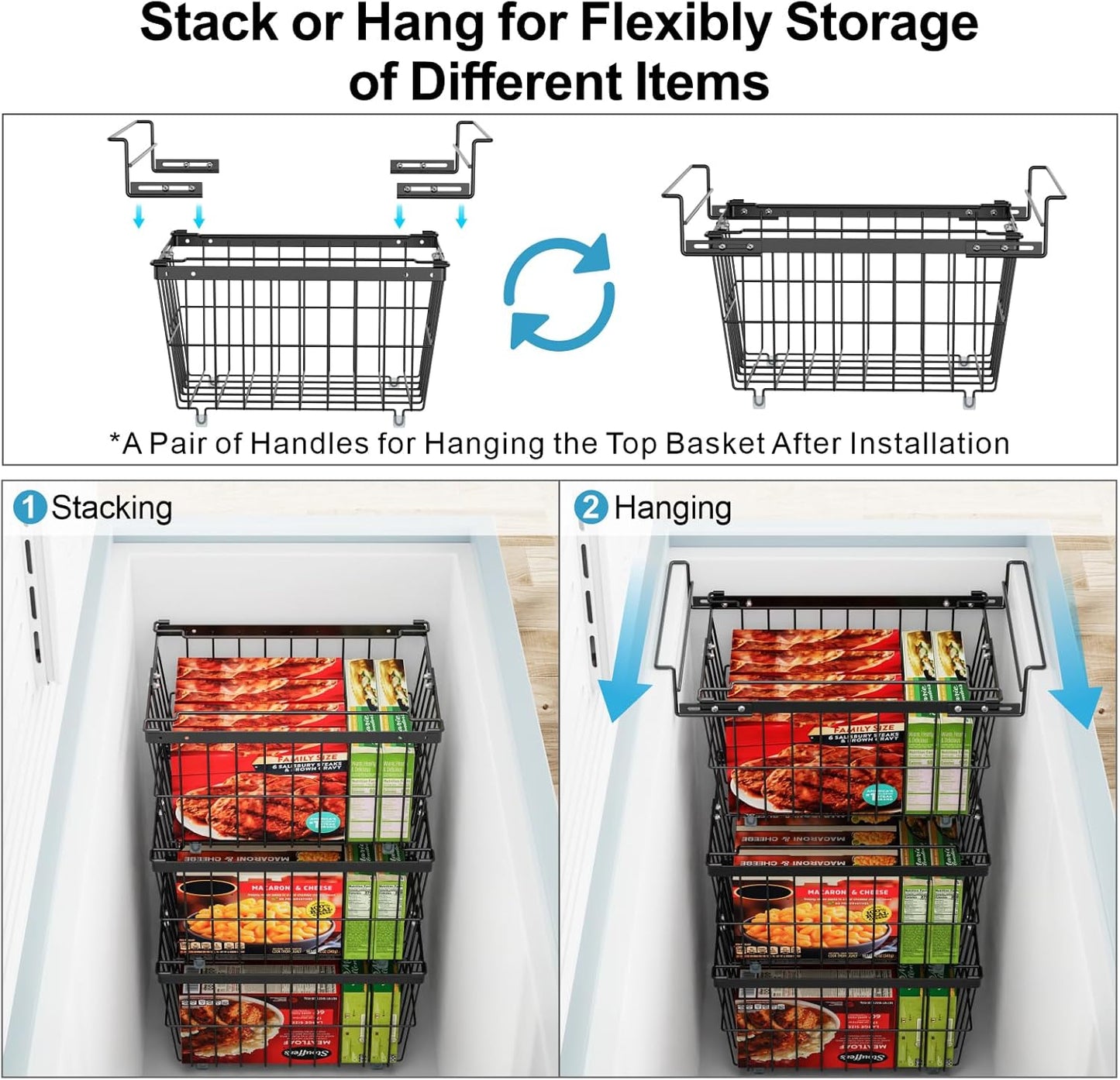 iSPECLE Freezer Organizer Bins - 2 Pcs Hanging Baskets for Deep Freezer, Adjustable Wider & Deeper Chest Freezer Organizer Bins for 5 to 9 Cu Ft, Extra Large & Easy Organize, Black