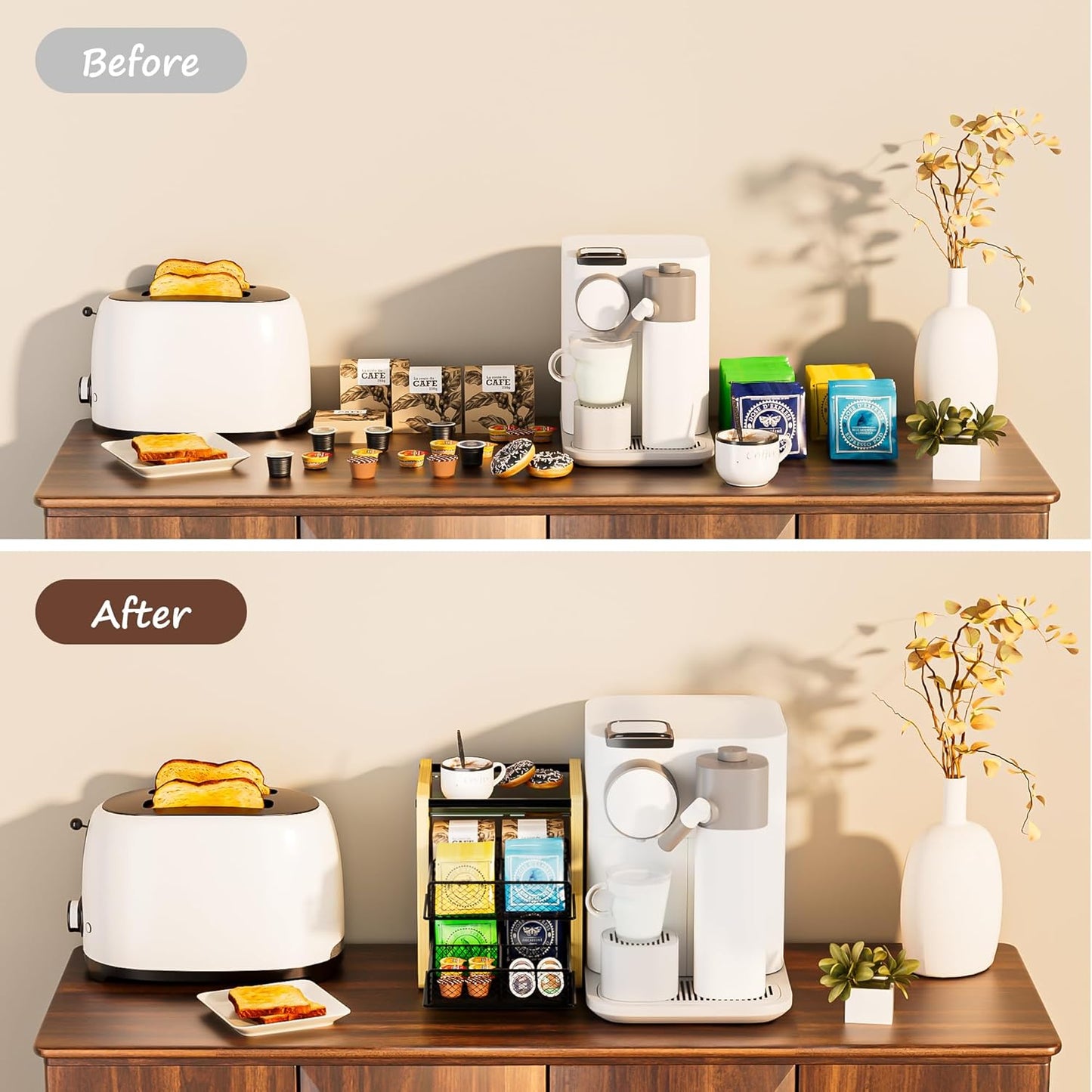 Tea Bag Organizer, Tea Organizer and Storage with Drawers, Tea Box for Tea Bags, Wooden Tea Bag Holder for Kitchen, Countertop, Office, Tea Station (Natural Wood)