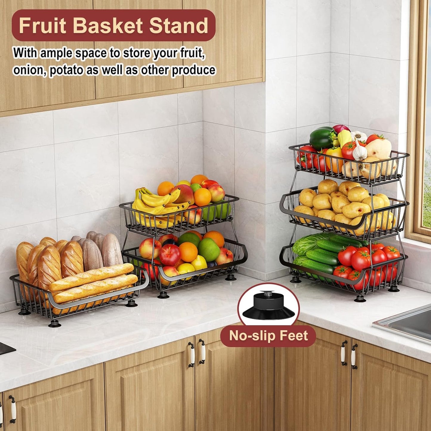 3-Tier Rolling Pantry Cart with Wheels, Stackable Wire Storage Floor Organizer for Kitchen Pantry Snack Shelves, Fruit Basket Stand, Vegetable Storage Rack for Food Snacks Onion Potato, Black, 2 Pack