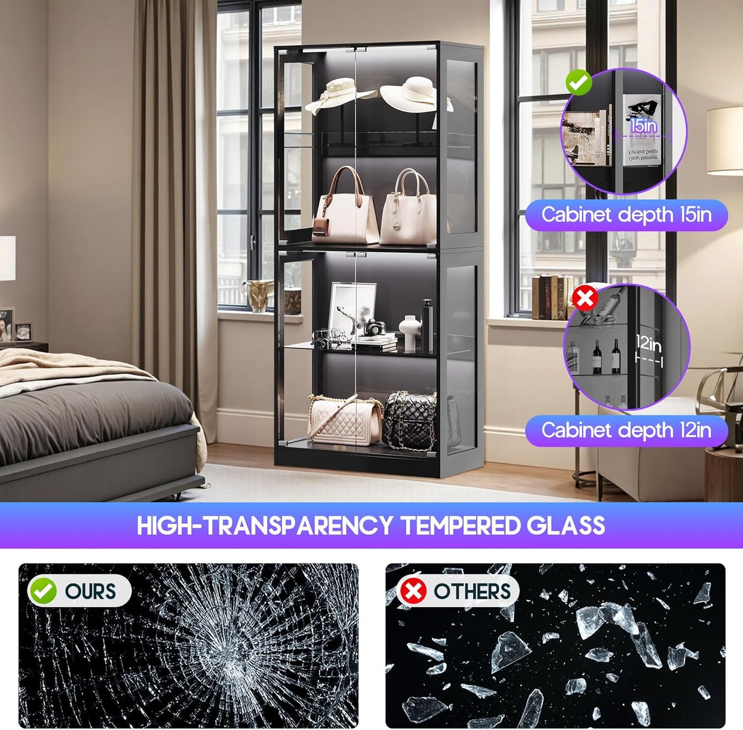 AMERLIFE RGB Display Cabinet with Adjustable Glass Shelves, 4-Tier Storage Case with LED Lights & Press-to-Open Doors, Modern Display Shelf for Collectibles, Black 70" H×32" L×16" D