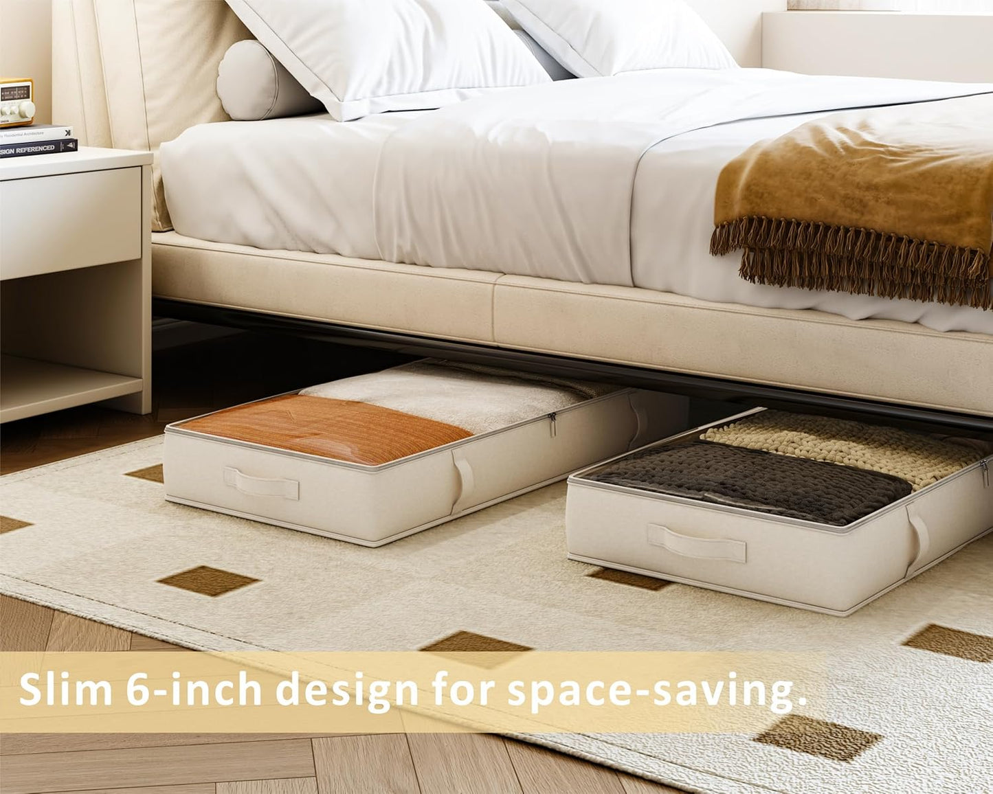 Vailando Storage Containers, 6 Inches Tall 60L Underbed Storage Bins with Sturdy Handles and Sidewalls, Closet Organizer for Clothes, Blankets, Seasonal Items, Beige, 2-Pack