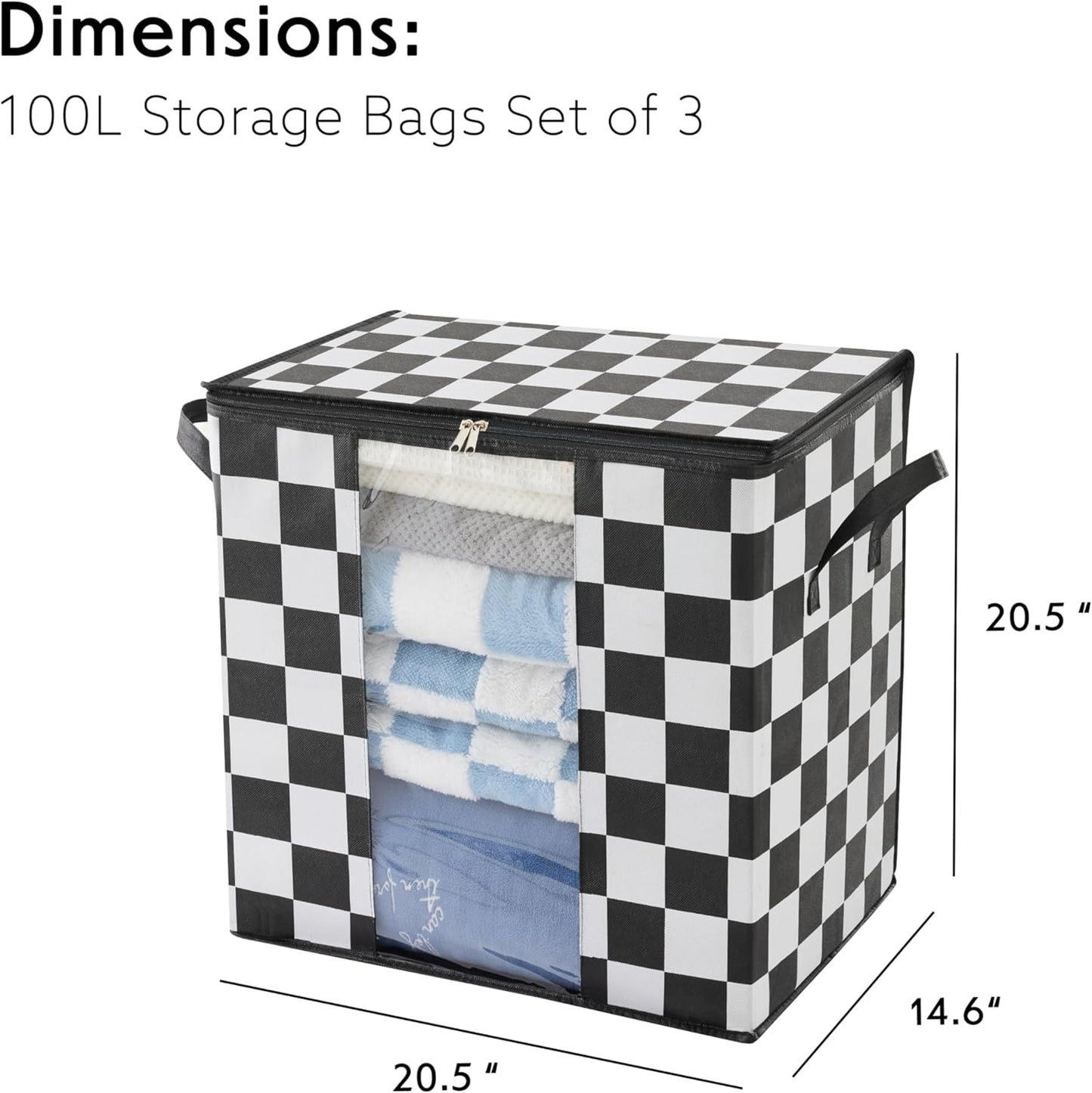 Black and White Checkered Clothes Storage Bins, 100L Large Blanket Storage Bags 3 Pack, Closet Organizers and Storage Containers for Comforters, Bedding, Foldable Organizer with Handle