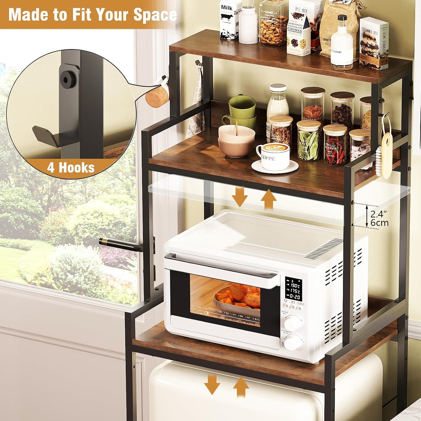 3-Tier Mini Fridge Stand Kitchen Bakers Rack with Adjustable Shelves, Freestanding Microwave Stand with Storage, Split Design Coffee Bar Shelf for Home Office Dorm (Rustic Brown, 25.6")