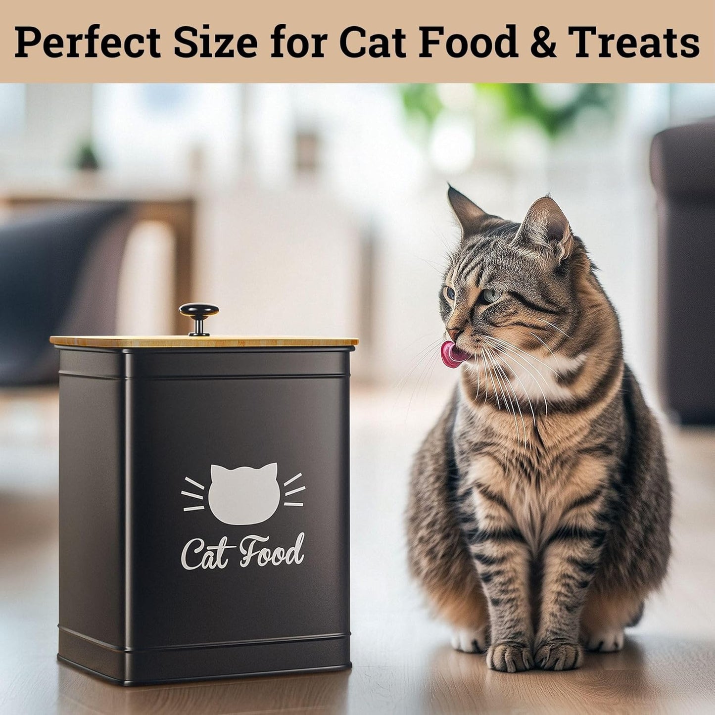 Cat Food Storage Container with Scoop - 5-7 lb (25 Cup) Capacity Metal Cat Food Container with Airtight Bamboo Lid and Metal Scoop - Airtight Pet Food Storage Containers 5 lb - 7 lb Kibble Container