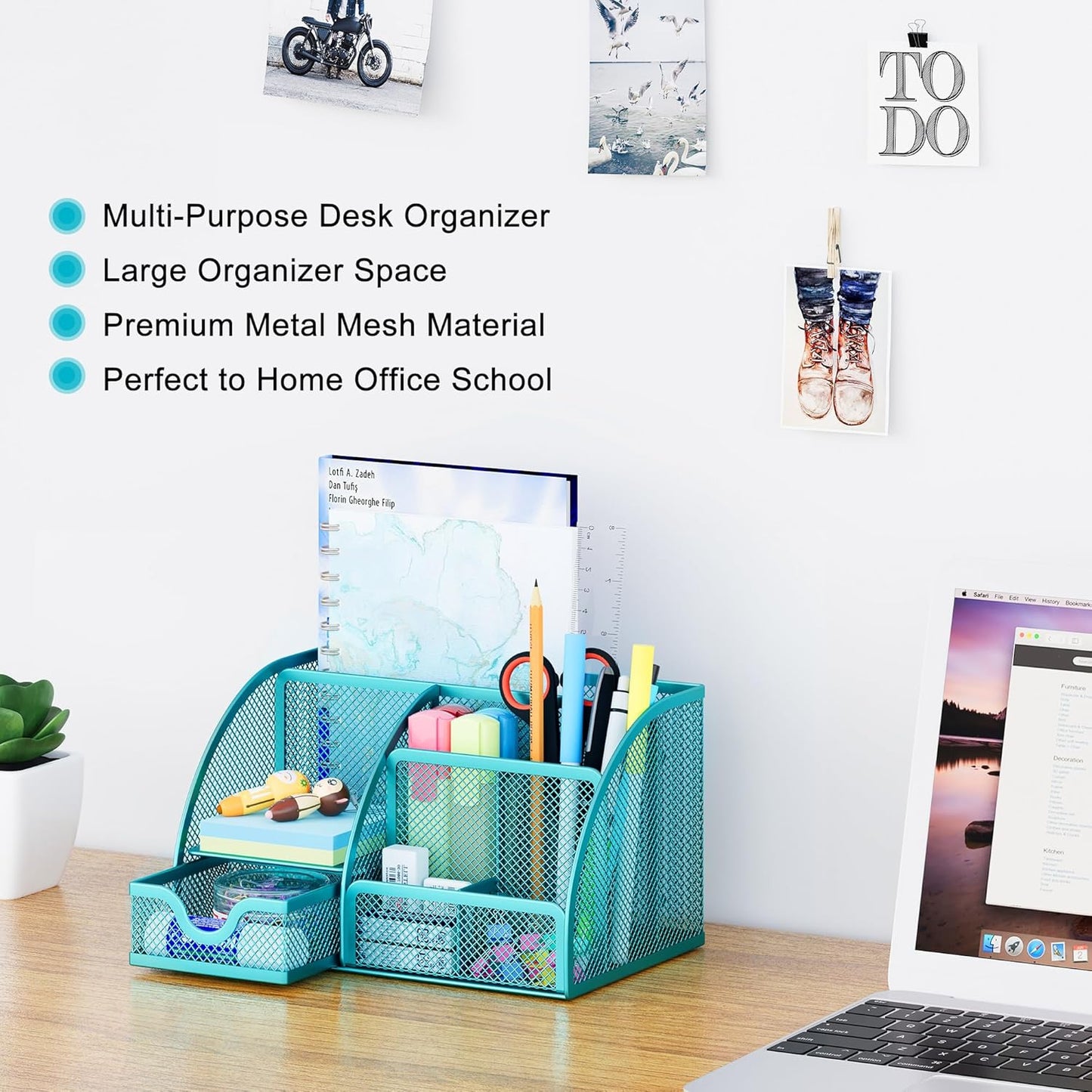 EasyPAG Mesh Desk Organizer with Drawer Multi-Functional Pen Holder Stationery Organizer for Office School Supplies 6 Compartments Dorm Organizers and Storage for Desk, Blue