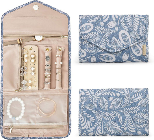 BAGSMART Travel Jewellery Organiser Roll Foldable Jewelry Case for Journey-Rings, Necklaces, Bracelets, Earrings, White Leaf