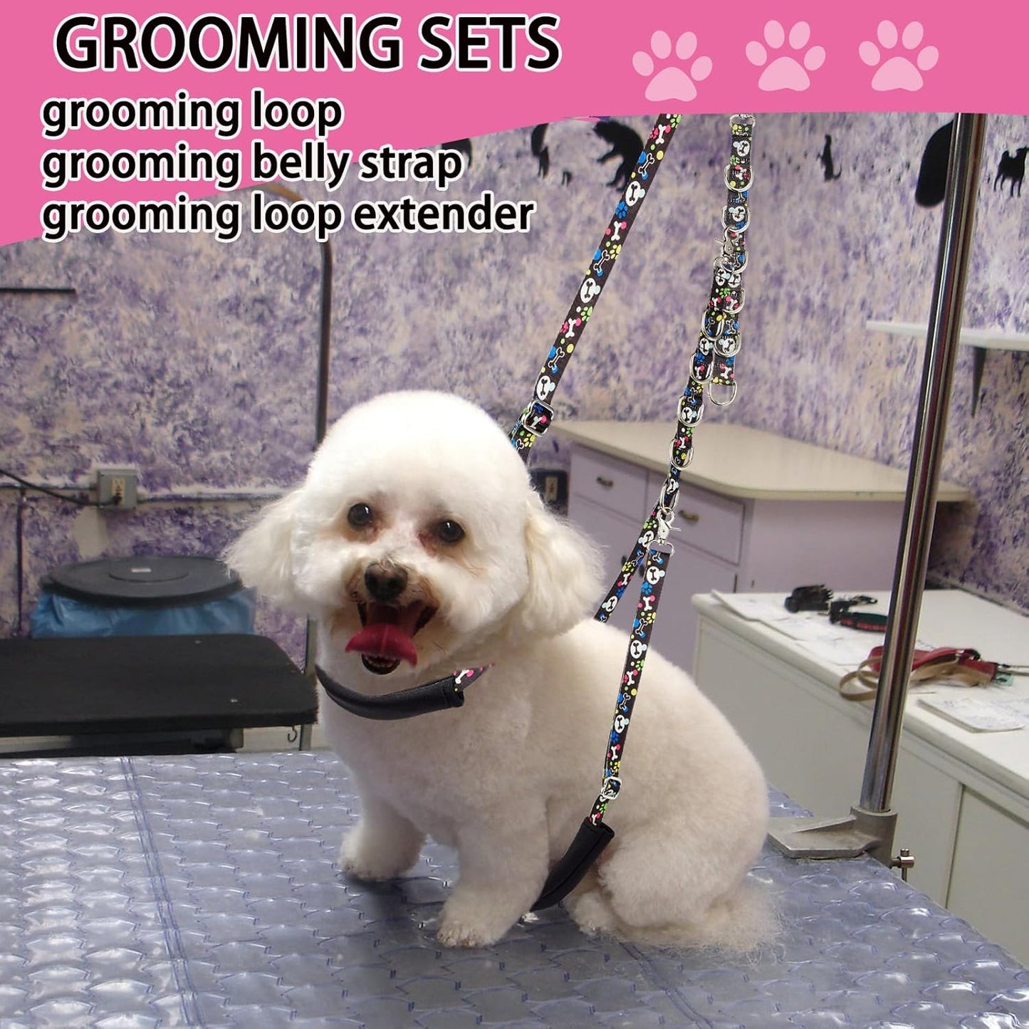 Dog Grooming Belly Straps – Adjustable Grooming Loops with Cute Paw & Bone Pattern – Pet Grooming Belly Support Band Table Accessories Restraint Noose for Small to Large Dogs(Black)