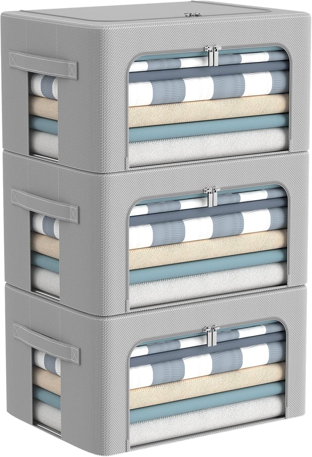 CYhom 3Pack Frame Storage Box - Clothes Storage Bin Bags Oxford Fabric Foldable Stackable Container Organizer Set with Clear Window & Carry Handles Large Capacity (Grey, Small-22L)