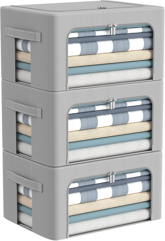 CYhom 3Pack Frame Storage Box - Clothes Storage Bin Bags Oxford Fabric Foldable Stackable Container Organizer Set with Clear Window & Carry Handles Large Capacity (Grey, Small-22L)
