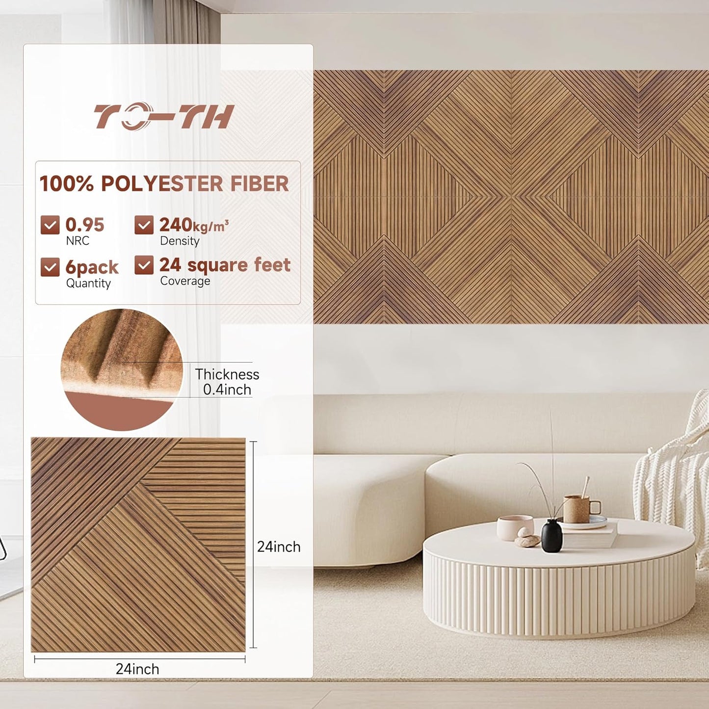 TO-TH Acoustic Wall Panels,6 Pack Total Size 72 x 48 Inches,Self-Adhesive Decorative Acoustic Panels for Wall and Ceiling,3D UV Printing with Wood Look,Beech