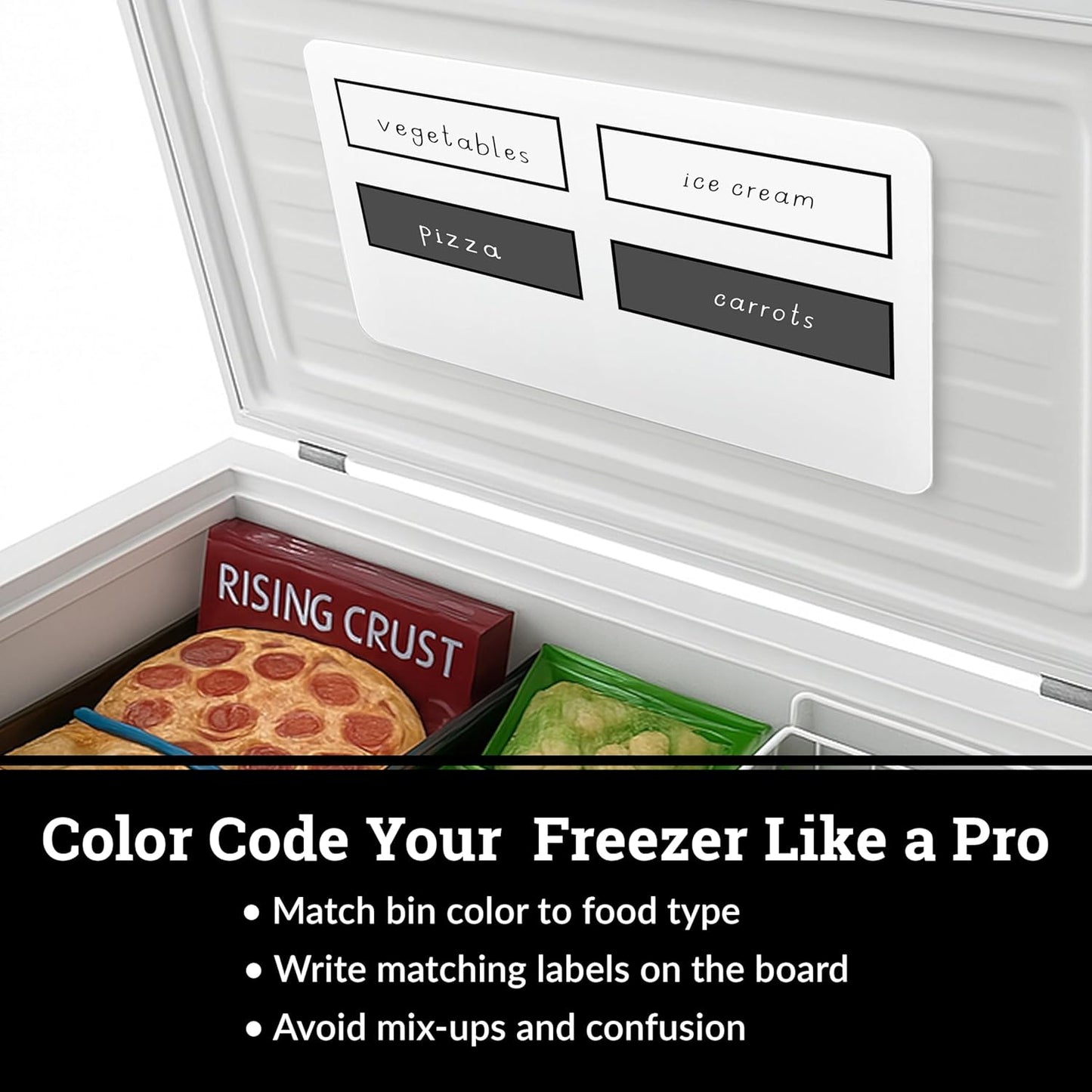 Deep Chest Freezer Organizer Bins – 4-Pack Stackable Chest Freezer Baskets with Dividers, Metal Wire Storage for Frozen Meat, Food – Fits 5–7 Cu Ft Deep Freezer, Kitchen Organization Set, Black, White