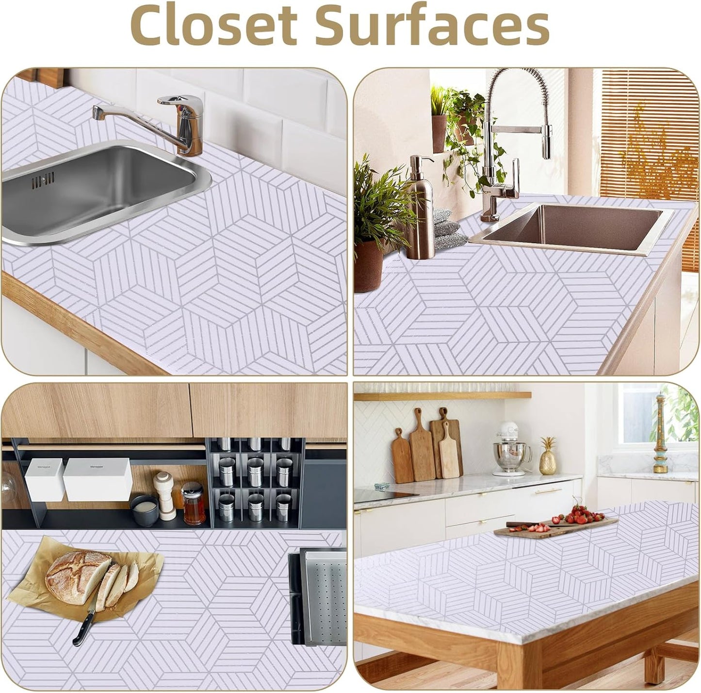 Shelf Liners for Kitchen Cabinets 12in x 10FT, Non Adhesive Cabinet Liner Strong Non-Slip Thickened Silver Geometric Easy to Clean for Shelf, Cabinet, Refrigerator with Knife and Tape Measure