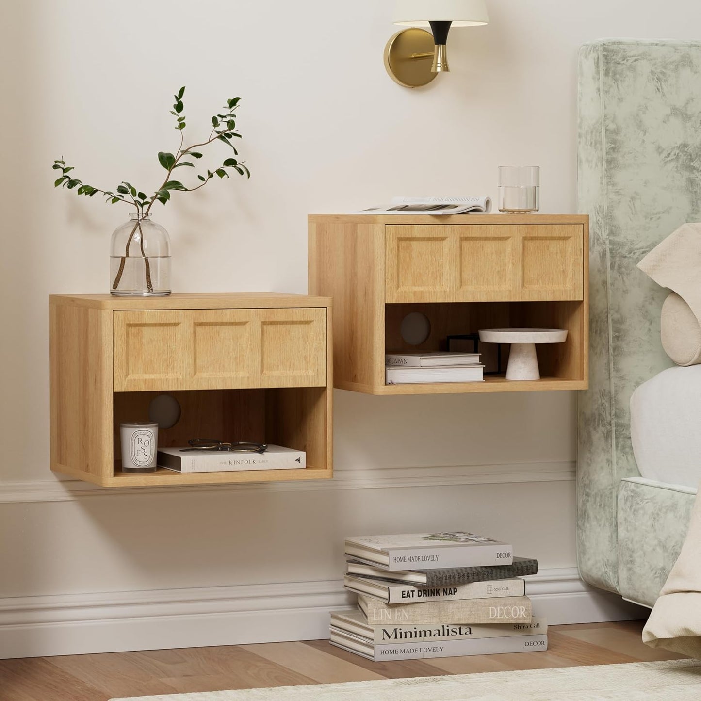 Floating Nightstand Set of 2, Wall Mounted Bedside Table with Storage Drawer and Open Shelf, Modern Night Stand with Curved Corners for Living Room, Bedroom, Dorm, Natural Oak
