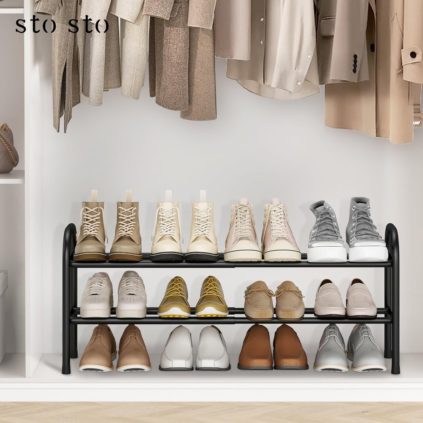 STO STO Expandable Shoe Rack, 2-Tier Metal Small Shoe Rack for Closet, Up to 12 Pairs Adjustable Shoe Rack Storage for Front Door Entrance, Free Standing Shoe Rack Organizer for Entryway, Black