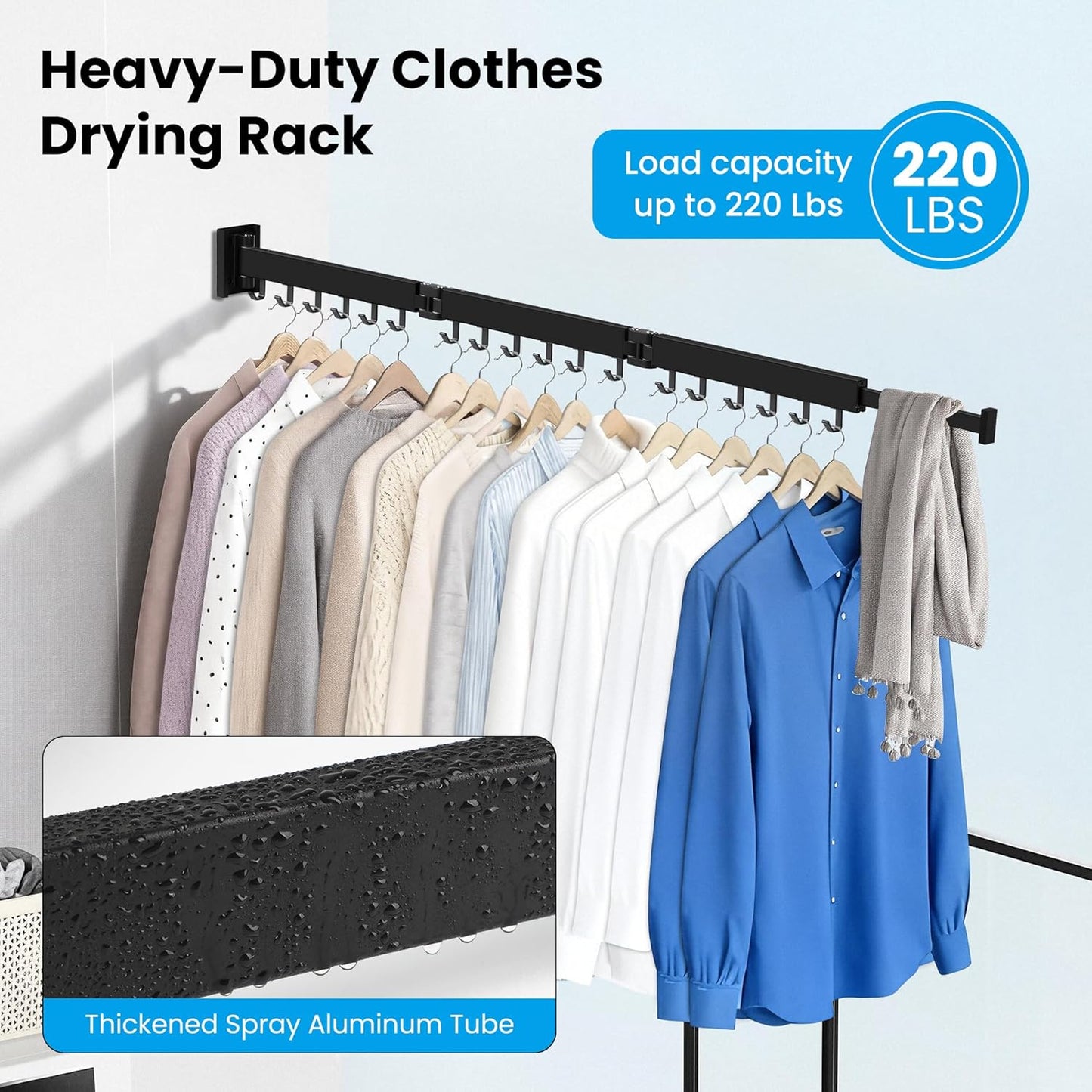 Clothes Drying Rack Wall Mounted, Retractable Collapsible(Tri-Fold) Space Saver, Black with 18 Hooks for Laundry Room Organization Apartment Balcony Bathroom