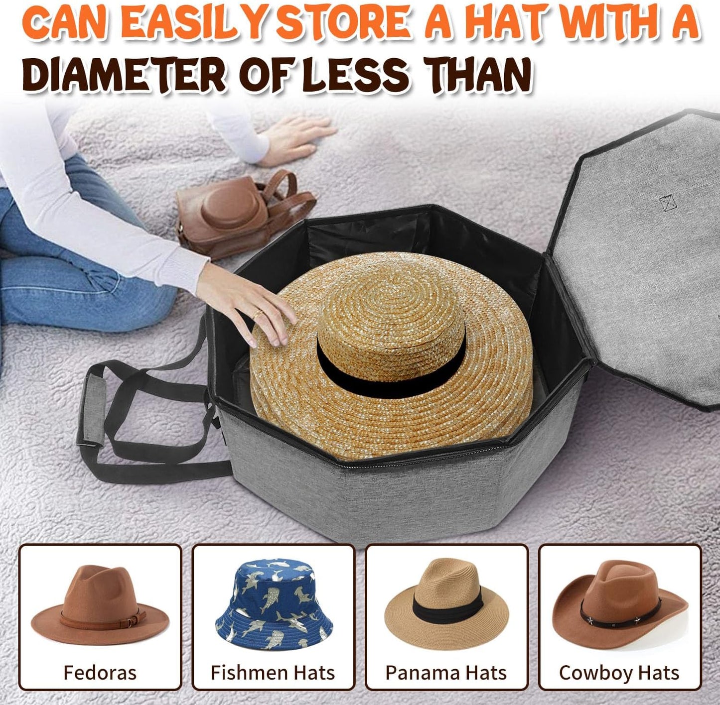 Boczif Hat Storage Box for Women and Men, Hat Storage bag for Travel Collapsible, Cowboy Hat Case with Handle, Hat Organizer Container Large Cap Bag for Carry (Grey)