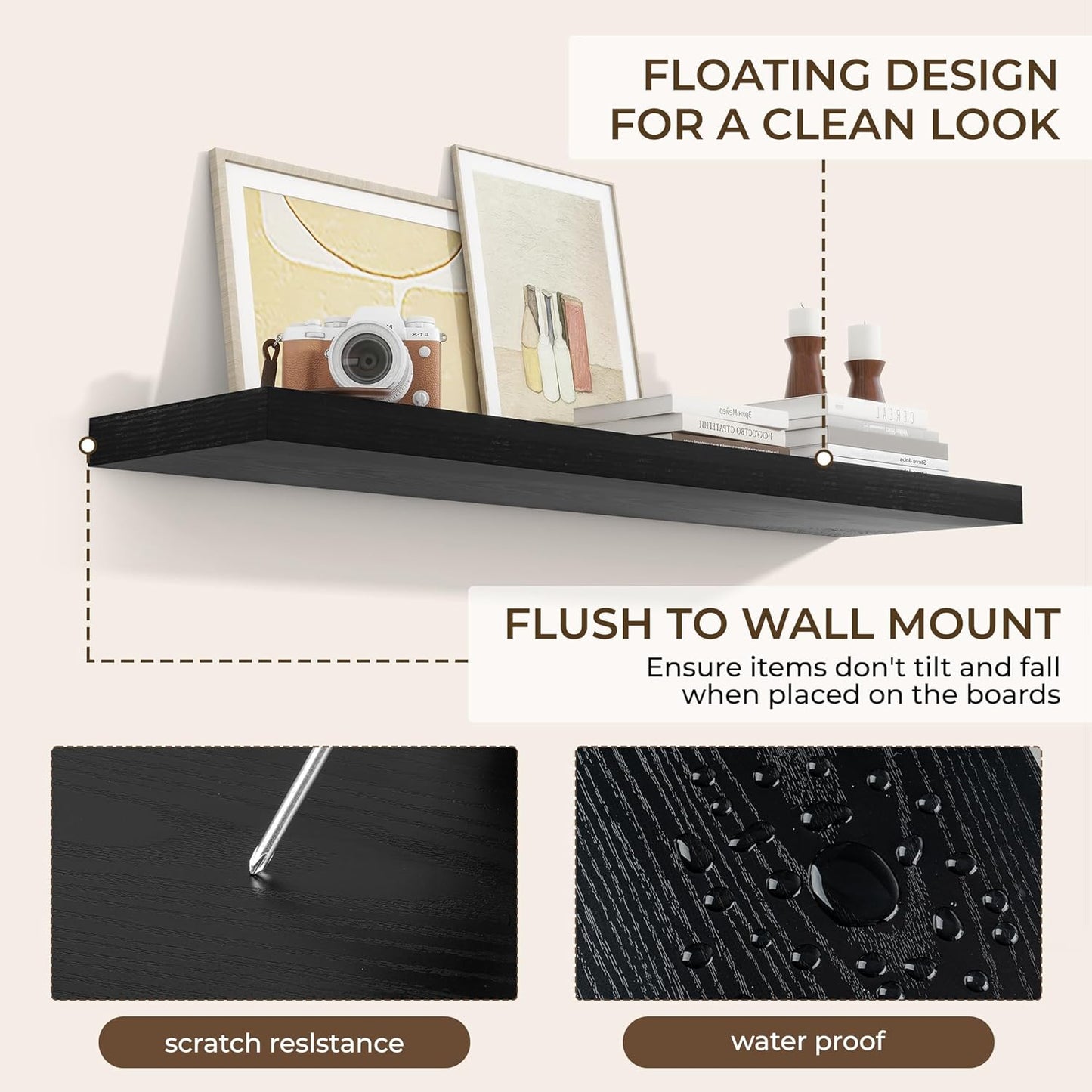 RICHFOCUS 48Inch Floating Shelves for Wall 2 Pack Shelves for Bedroom|Kitchen|Bathroom Wall Mounted Rustic Wood Floating Shelf with Invisible Brackets for Books|Storage|Decor, Black