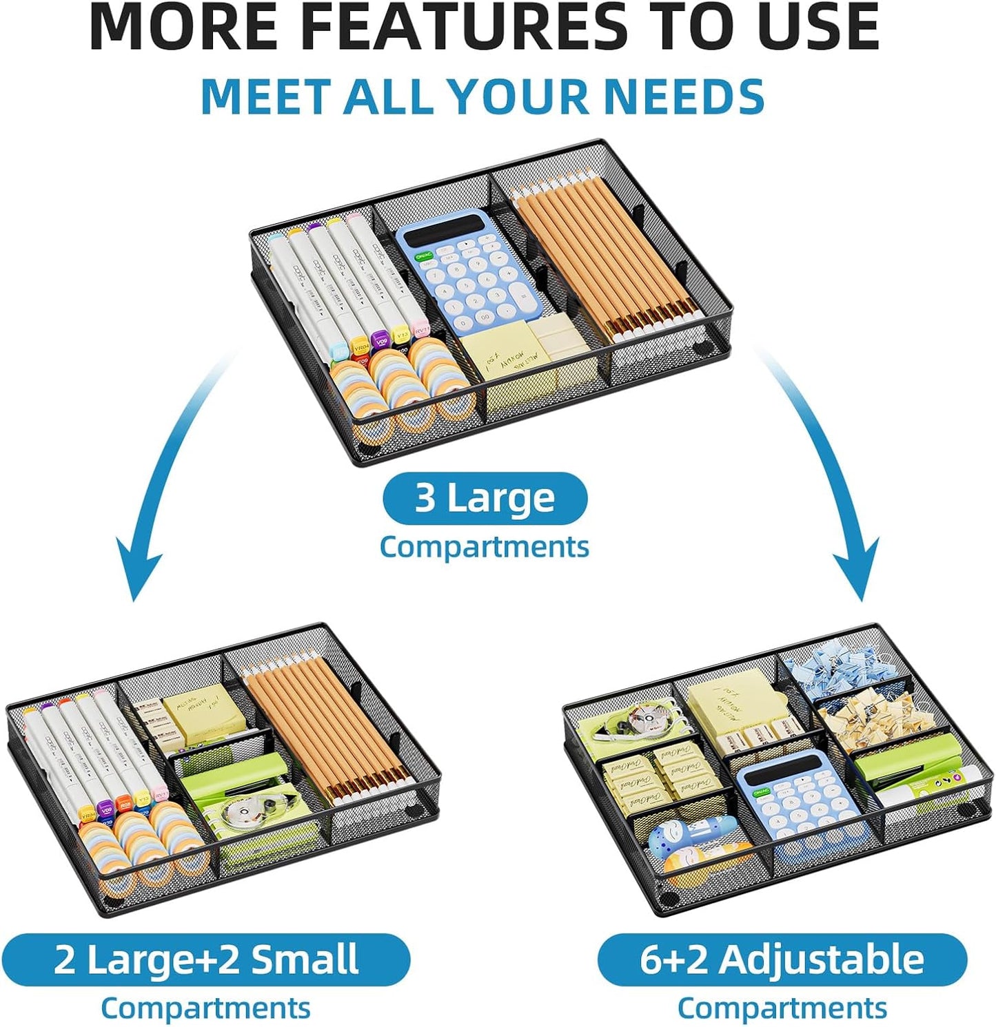 Marbrasse 2Pack Desk Drawer Organizer, Metal Mesh Drawer Organizer Tray with 5 Adjustable Compartments,Desk Organizers and Accessories for Home,Office,Kitchen,Makeup,Vanity (Black)