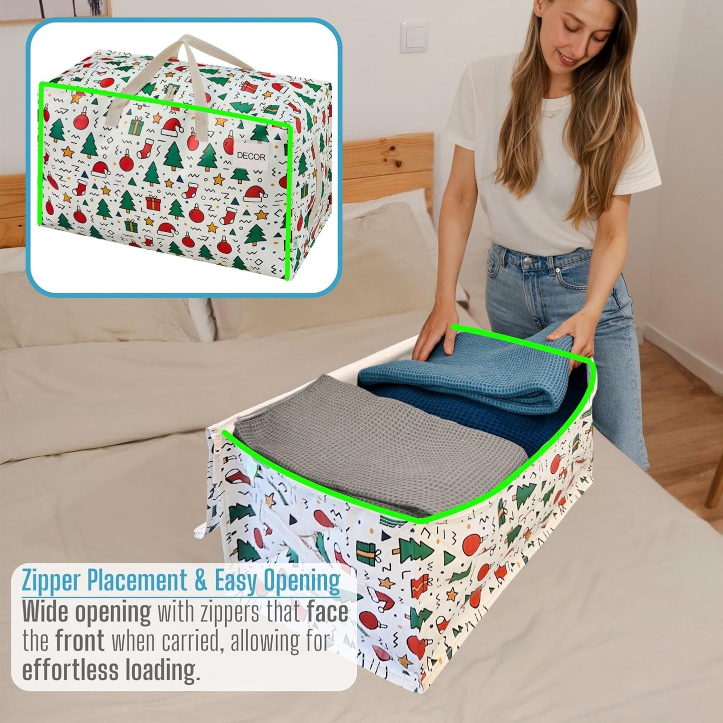 VENO 4 Pack Moving Bags and Large Christmas Decoration Storage Bins with lids. Alternative to Moving Boxes, Packing Supplies for College. Heavy Duty Totes (Jingle Mix, 4 Pack)