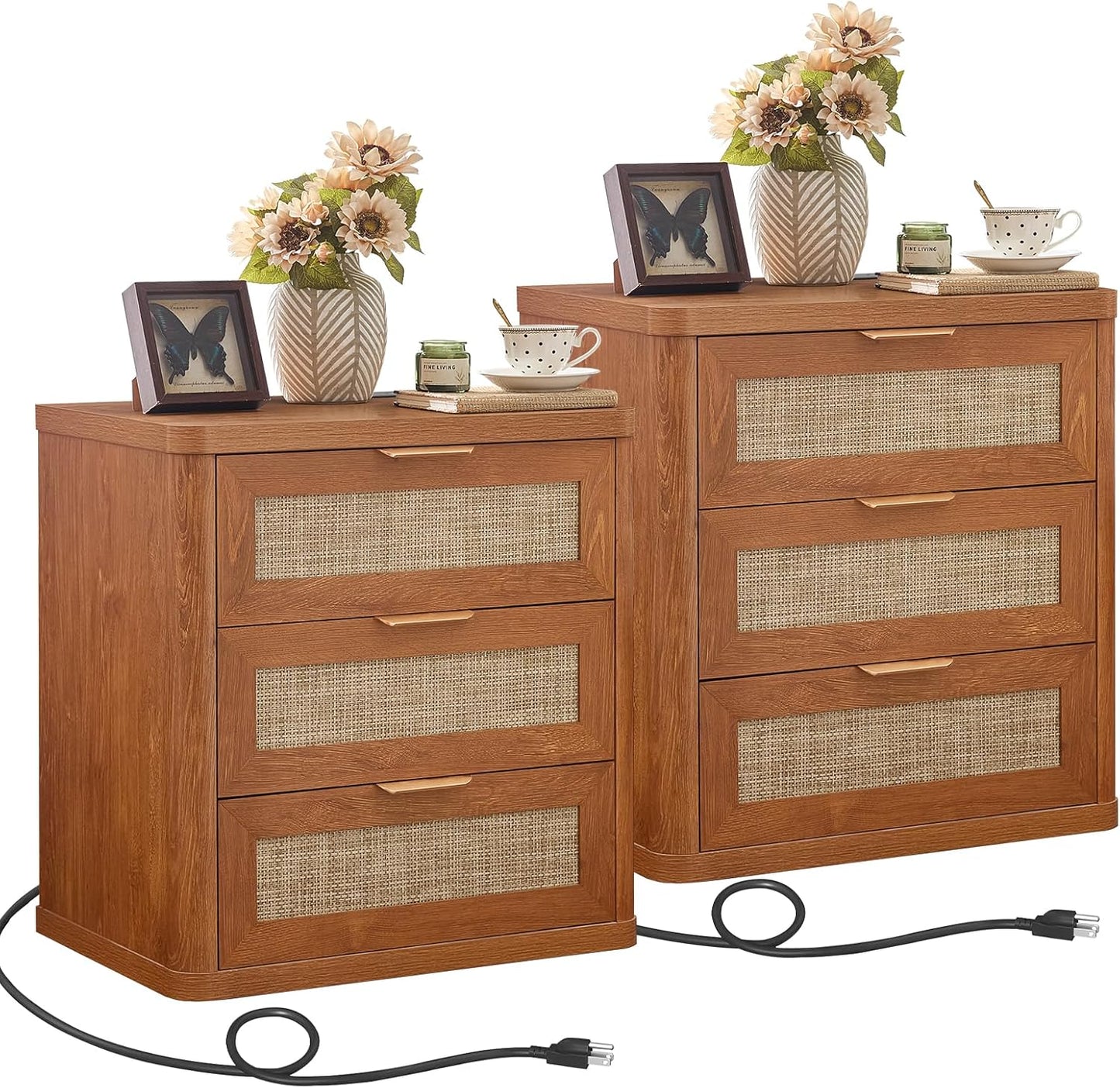 LEYAOYAO Rattan Night Stand Set of 2 with Charger Station, 23" Large 3 Drawer Boho Nightstand, Tea Brown Bedside Table Storage Cabinet, Bed Side End Tables for Bedroom, Living Room, Hallway