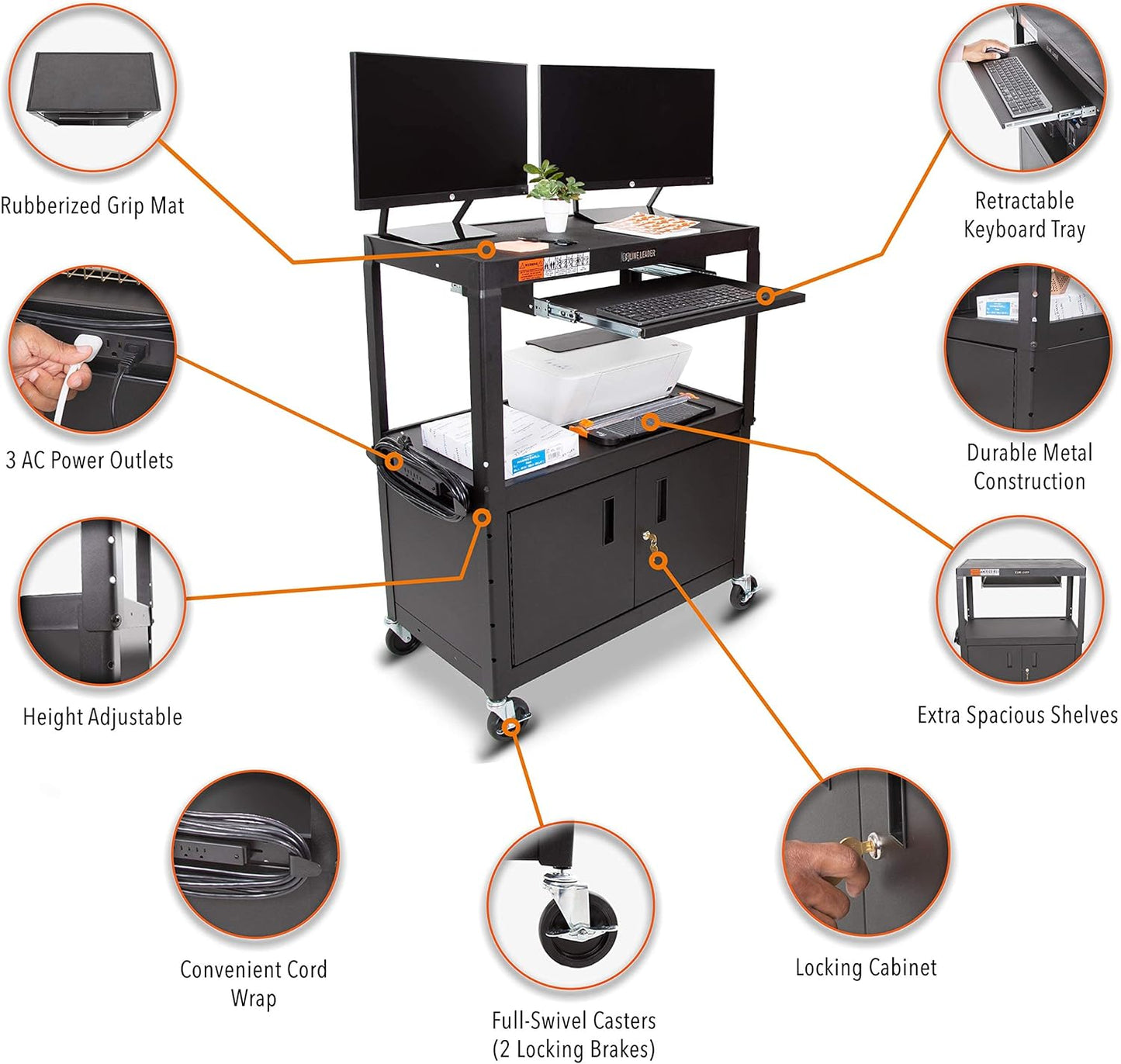 Line Leader Large AV Cart with Locking Cabinet | Height Adjustable Utility Cart with Pullout Keyboard Tray & Cord Management | UL Safety-Certified Computer Cart | Easy Assembly (32 x 18 x 42in)