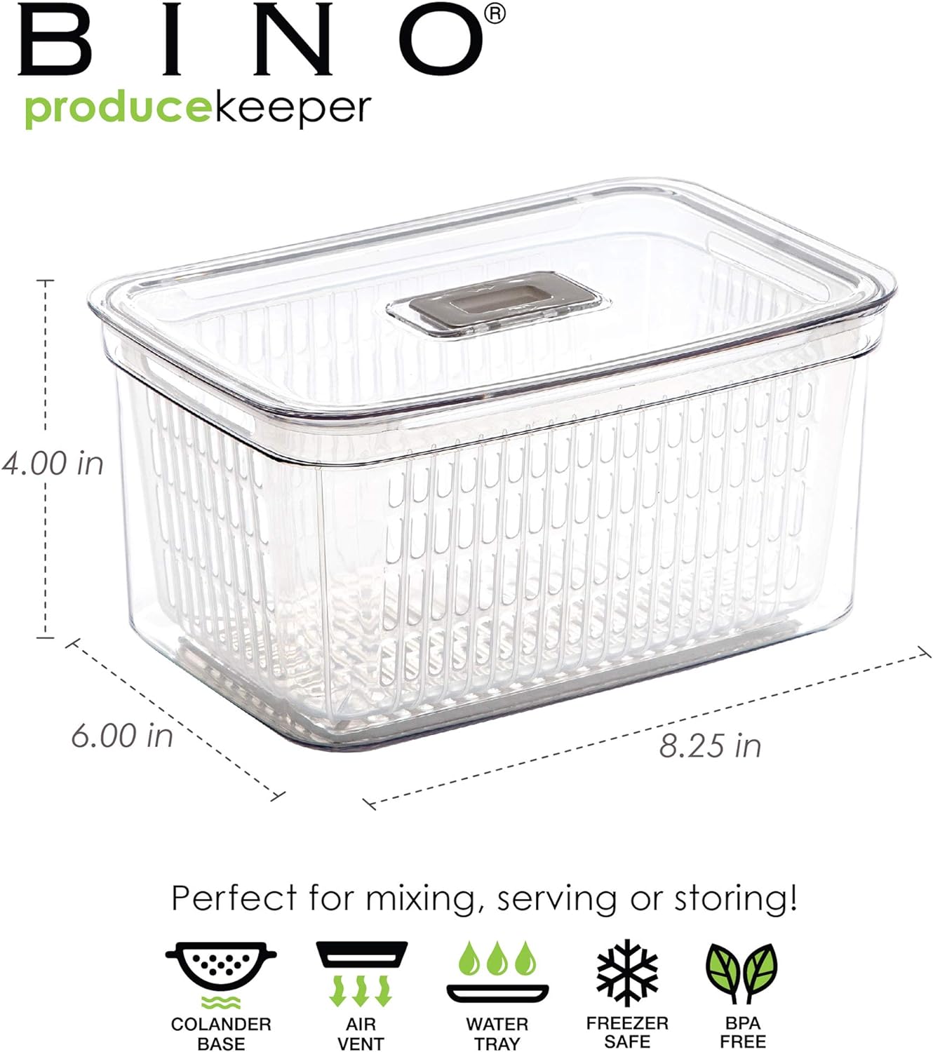 BINO | Produce Saver - 6.8 Cup/1.6L | Fridge Storage Containers for Fruits and Vegetables | Adjustable Air Vent, Removable Basket | BPA-Free Fridge Organizers