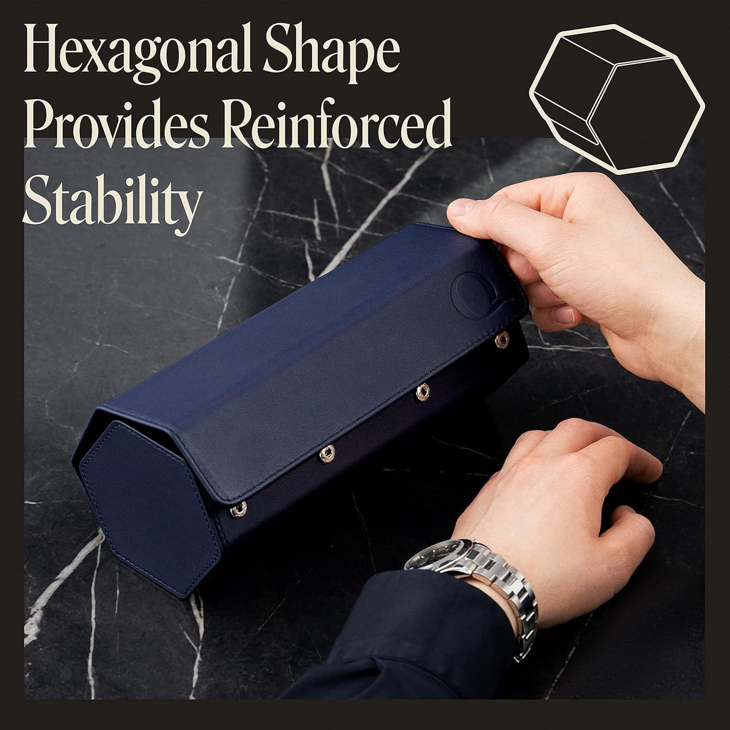 QWATCHBANDS Napa Leather Watch Rolls for Men - Hexagon Triple Watch Roll Travel Case for 3 Watches - Storage Organizer Genuine Leather with Velvet Interior Display (Blue/Black)