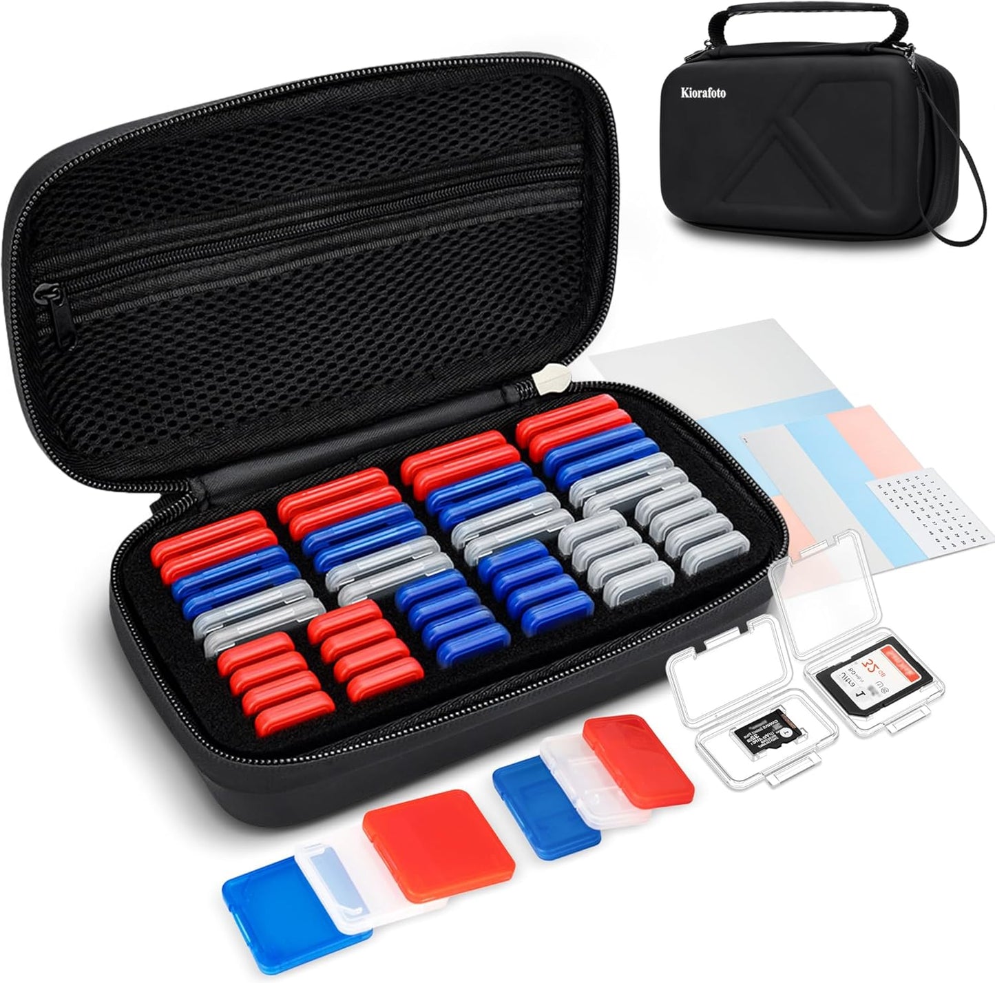 EVA PU Memory Card Case with 48PCS Clear Plastic Memory Card Holder for 24 SD SDHC SDXC & 24 TF MSD Cards,Dual-Protect Water-Resistant Anti-Shock MicroSD SD Card Carrying Organizer with Label