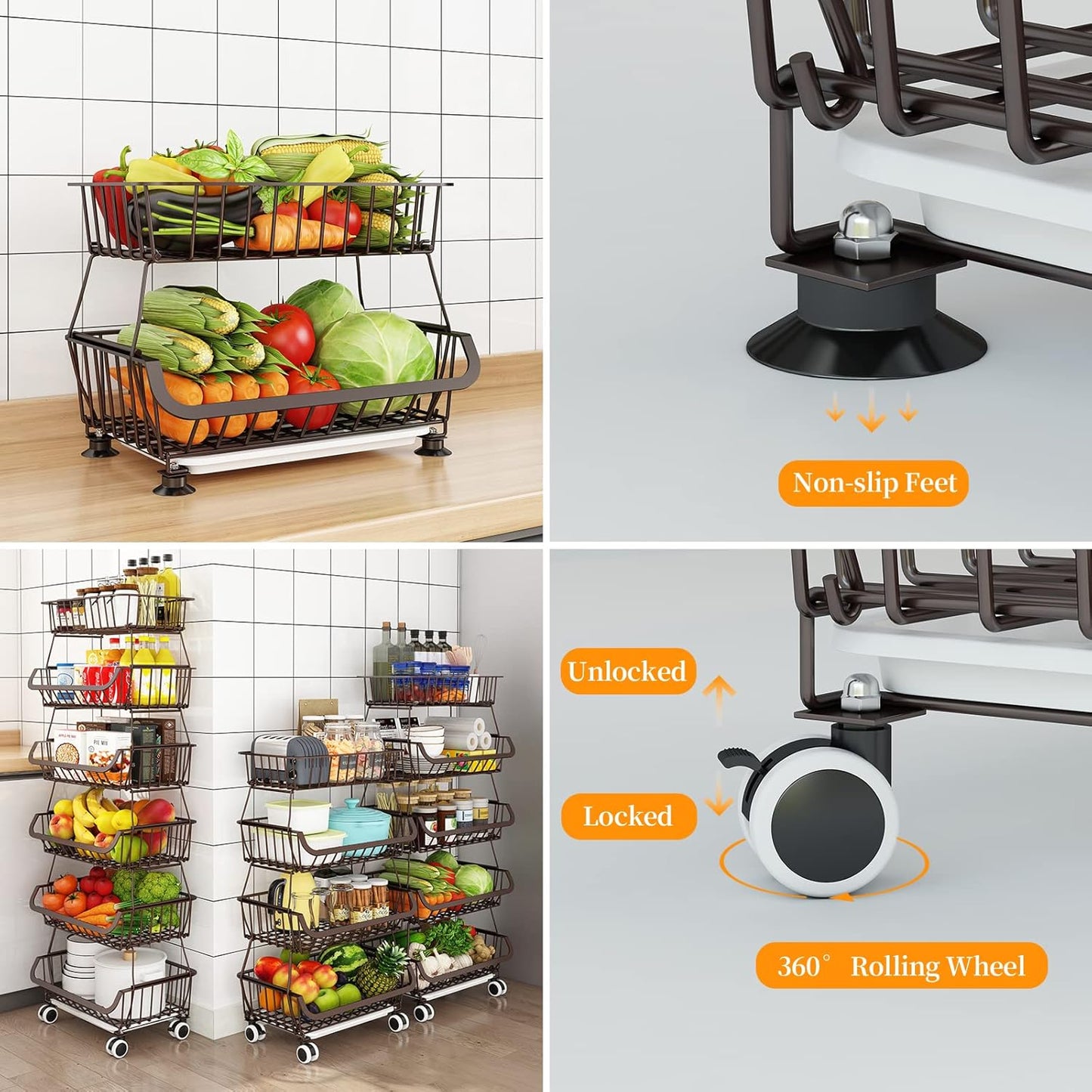 Miyawell Fruit Vegetable Storage Basket for Kitchen - 6 Tier Stackable Metal Wire Baskets Cart with Rolling Wheels Utility Fruits Rack Produce Snack Organizer Bins for Pantry Bathroom Laundry Bronze