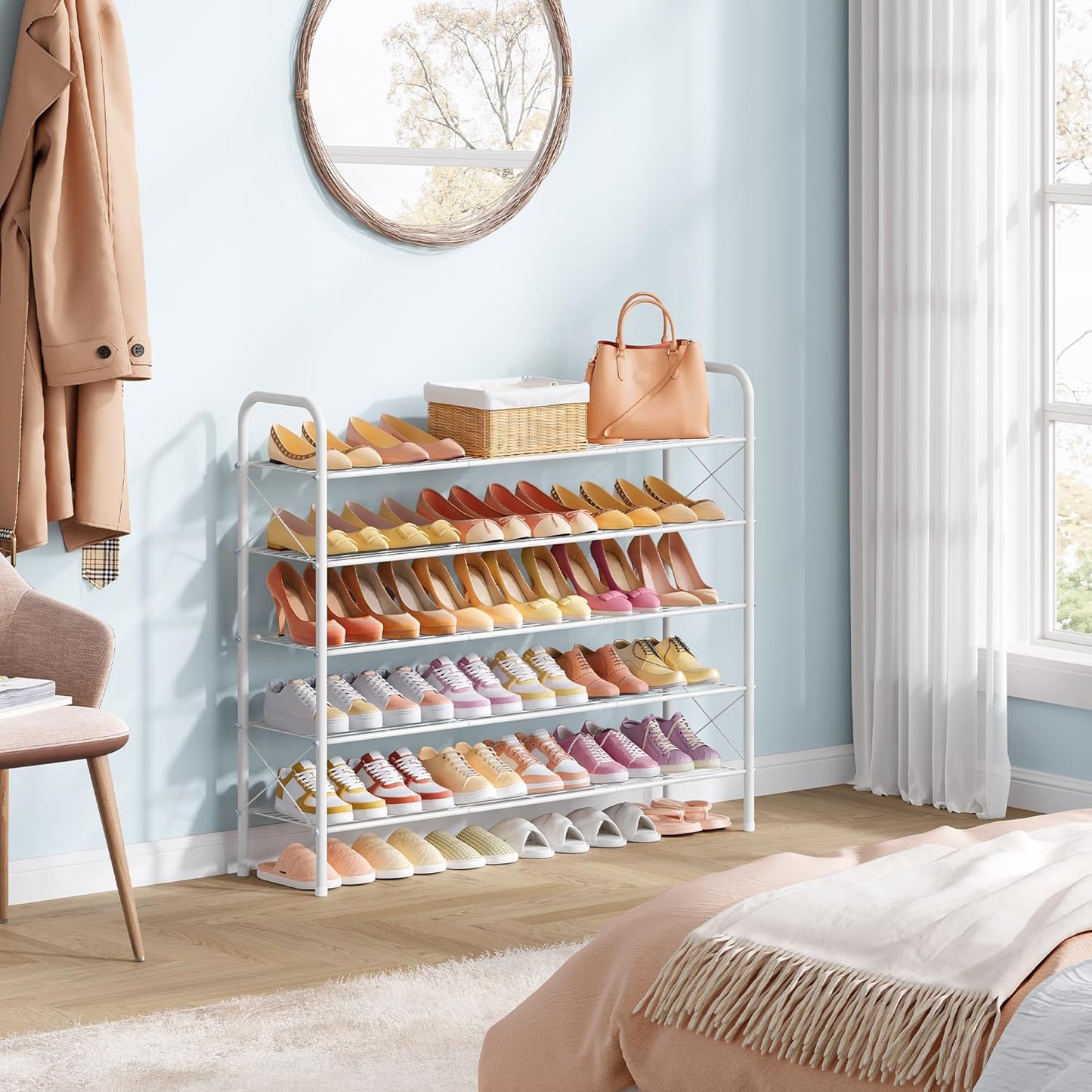 Hoctieon 5 Tier Shoe Rack for Closet, Durable Mesh Style Shoe Rack, Entryway Shoe Shelf, Shoe Storage Organizer for Hallway, Bedroom, Living Room, Wardrobe, White