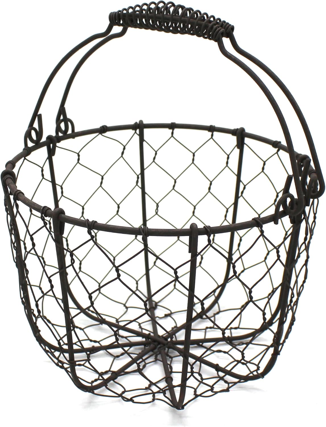 CVHOMEDECO. Round Chicken Wire Egg Basket Fruit Basket with Swing Handles Primitives Vintage Gathering Basket. Rusty