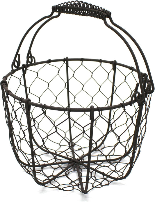 CVHOMEDECO. Round Chicken Wire Egg Basket Fruit Basket with Swing Handles Primitives Vintage Gathering Basket. Rusty