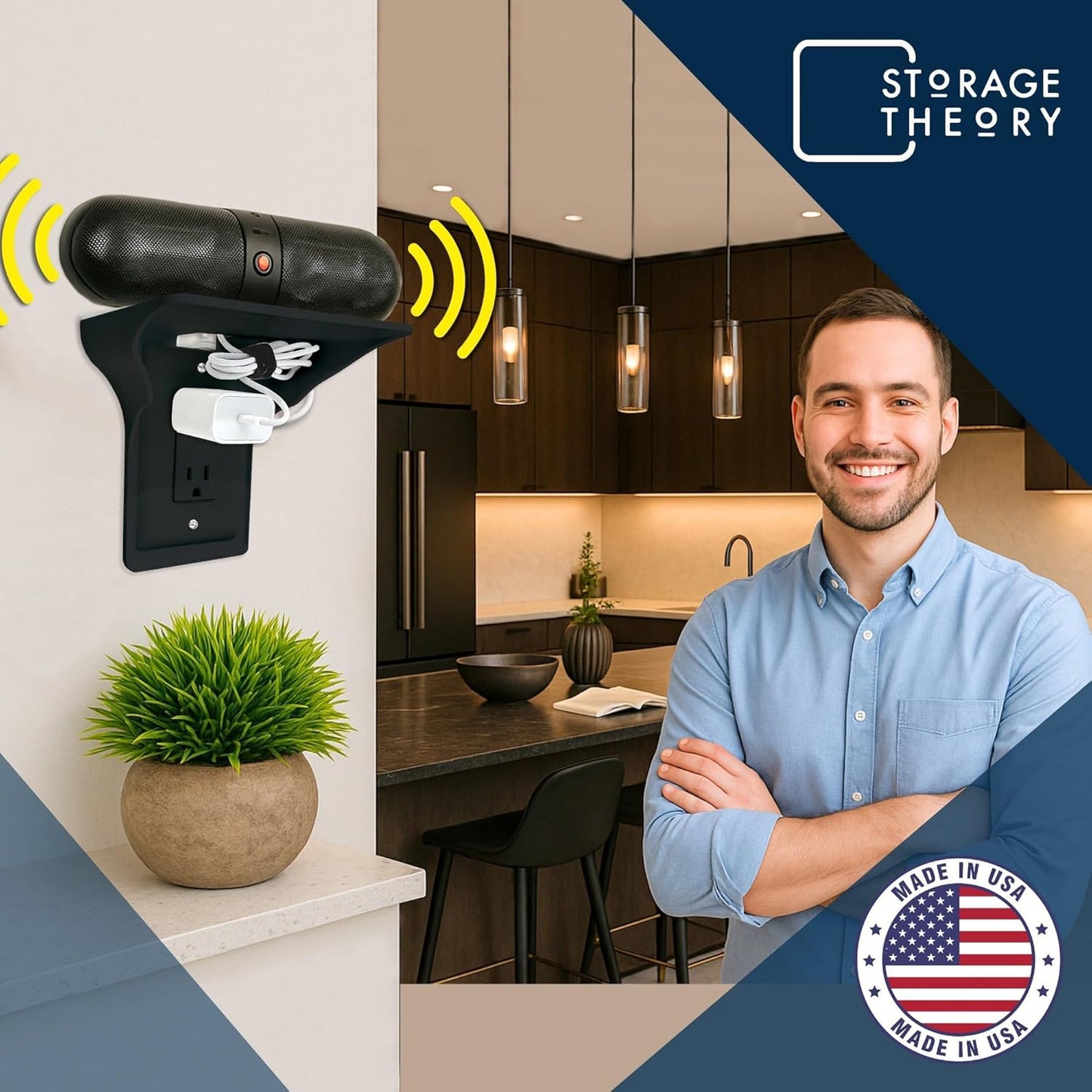 Power Perch Wall Outlet Shelf with Cord Storage Strap - Declutter & Reclaim Bathroom Counter Space - Alexa Stand, Apple Homepod Shelf, Toothbrush Holders Wall Mounted - Black, 2-Pack