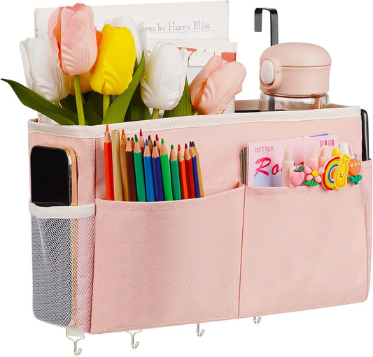 Bedside Storage Organizer 5 Pockets with 4 Hooks Hanging Storage Bag for Headboards/Bunk Bed (Pink)