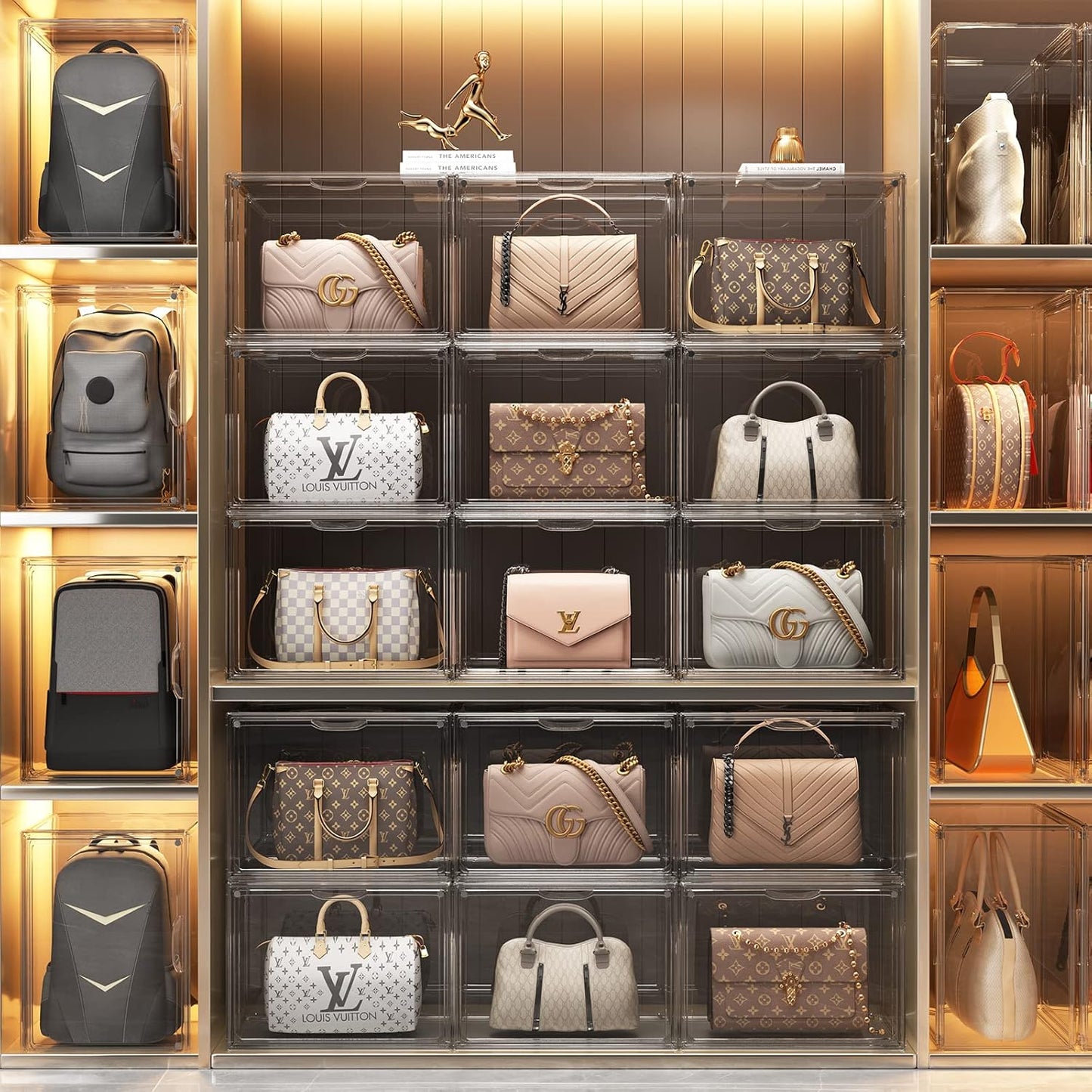Purse Storage Organizer for Closet 3 Packs Clear Handbag Storage Organizer Acrylic Display Case for Collectibles Stackable Bag Organizer with Magnetic Door for Backpack, Figure, XXX-Large