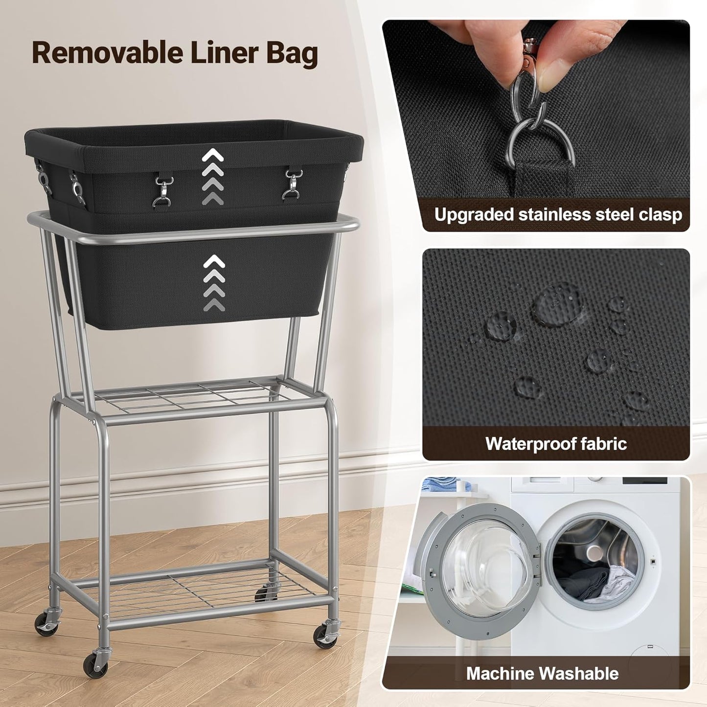 ELYKEN Laundry Cart with Wheels, Rolling Laundry Hamper with Removable Bag and Shelf, Metal Frame Laundry Basket with 4 Casters and 2 Brakes, Ideal for Bedroom, Bathroom, Laundry Room, Black