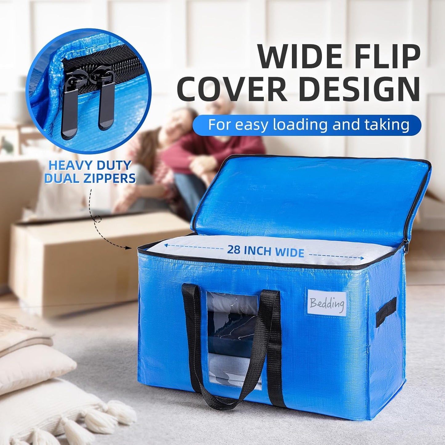 TAILI Extra Large Moving Bags, 10 Pack Blue Heavy Duty Totes for Storage with Visible Window, Wrap Around Handles, Storage Bags for Space Saving, Alternative to Moving Boxes