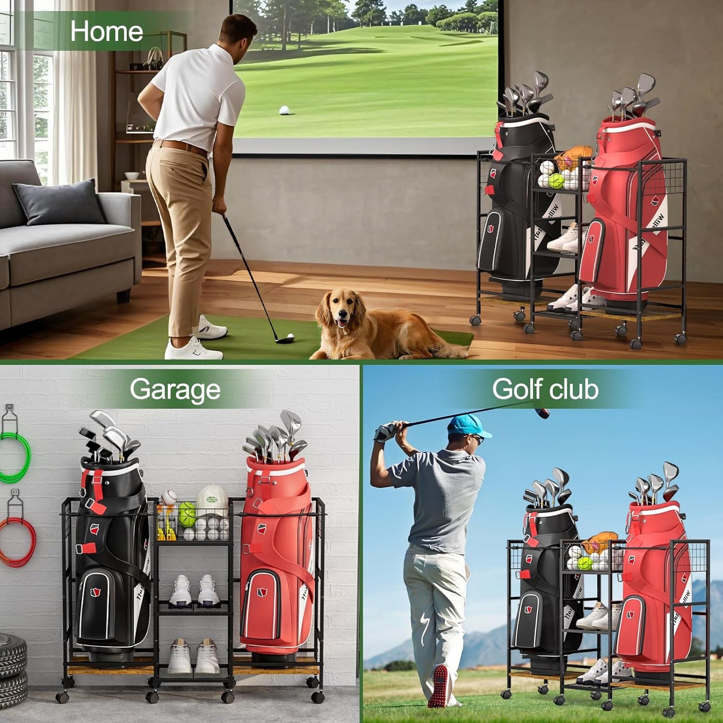Golf Bag Storage Rack for Garage with Wheels, Organizer for Golf Bag and Equipment Accessories, Golf Organizer Stand Ideal for Home, Garage, Club, Shed, Basement - Sturdy and Durable (Black)