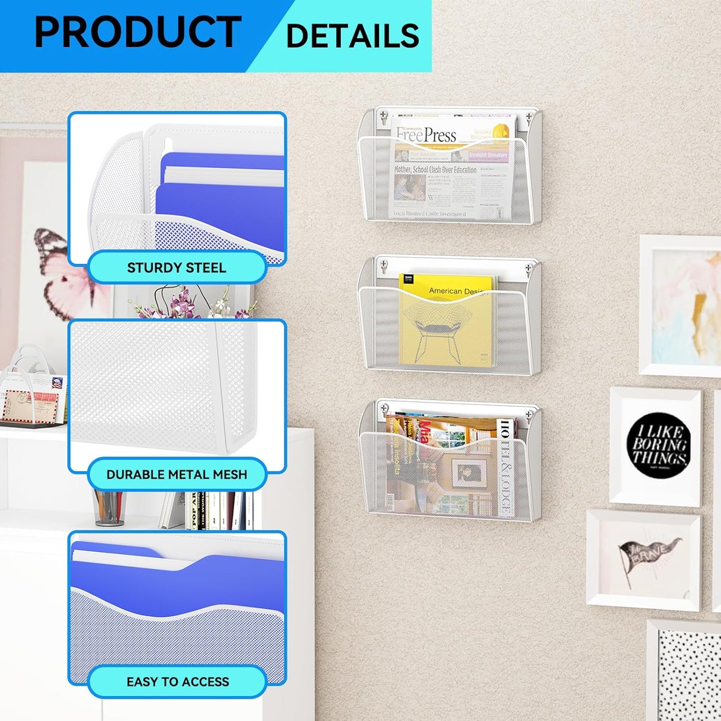 6 Single Pocket Wall File Holder, Mesh Hanging File Folder Paper Organizer, Vertical Wall Mounted Mail Basket, Storage Organization Magazine Rack for Office, Home and School, White