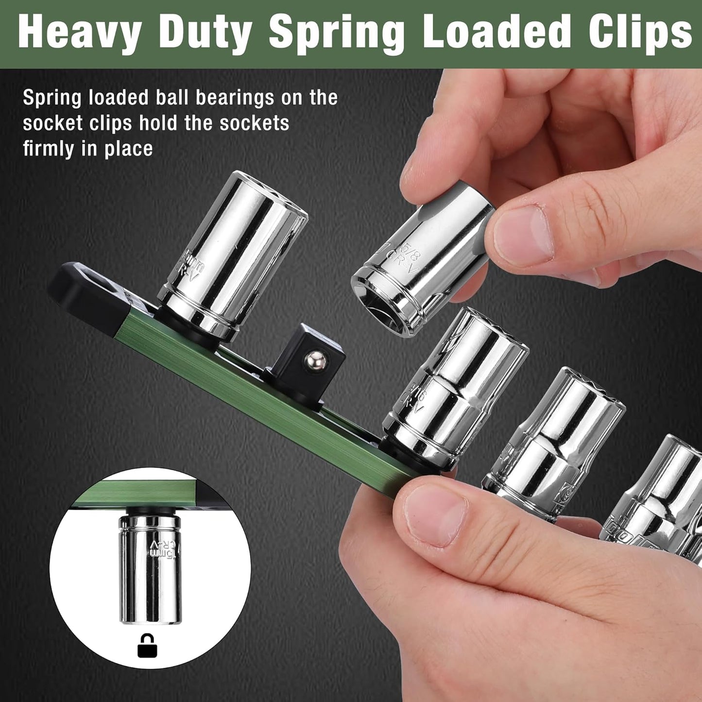 WORKPRO Magnetic Socket Organizer, 1/2-Inch Drive Aluminum Alloy Socket Rail, Heavy Duty Socket Holder, Socket Rack Kit 1/2-Inch x 10 Clips Green (Socket not Included)
