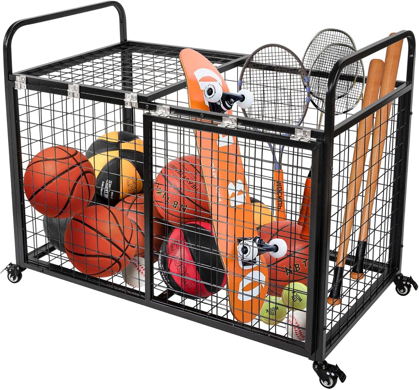 heodmaem Ball Cart Storage for Garage Compatible with Optional Divider, Extra Large Basketball Cage Bin for Indoor Outdoor, Heavy Duty Sports Equipment Organizer for Gym, School,Club