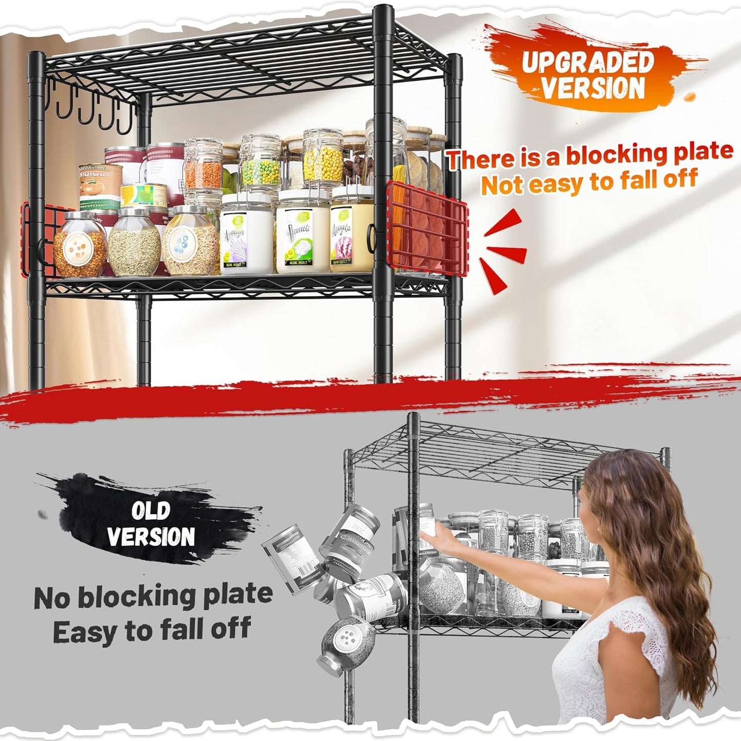 5 Tier Metal Shelving Unit Pantry Storage Shelves with Side Blockers Adjustable Metal Wire Shelf with Hooks & Shelf Linker Standing Storage Rack for Kitchen Pantry Bathroom Closet,13.8"Dx21.7"Wx59.1"H
