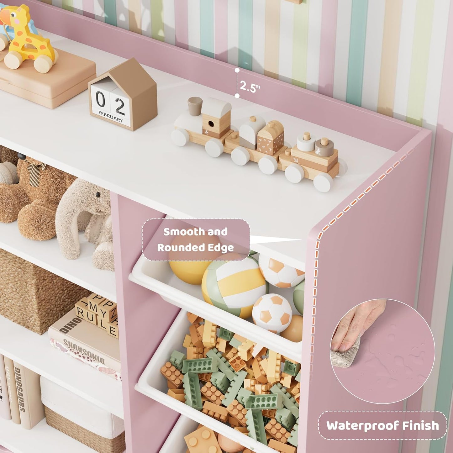 HITHOS 55" W Kids Toy Storage Organizer, Large Toy Box with Bookshelf, Toy Chest with 3 Cubes Storage Organizer, 6 Toy Organizers and Storage Bins, 4 Rolling Drawers for Kids Room, Playroom, Pink