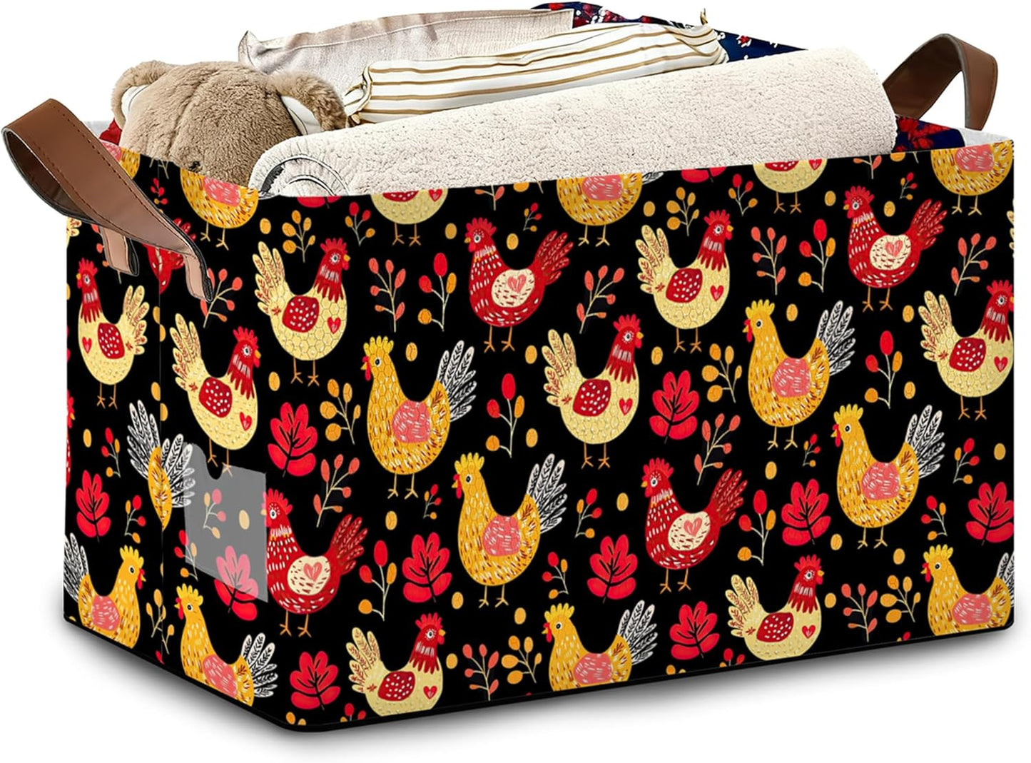 Cute Roosters Storage Basket,Leaf Collapsible Storage Bin Cubes for Living Room Bedroom Blankets Home Storage 17x11.5x10Inch