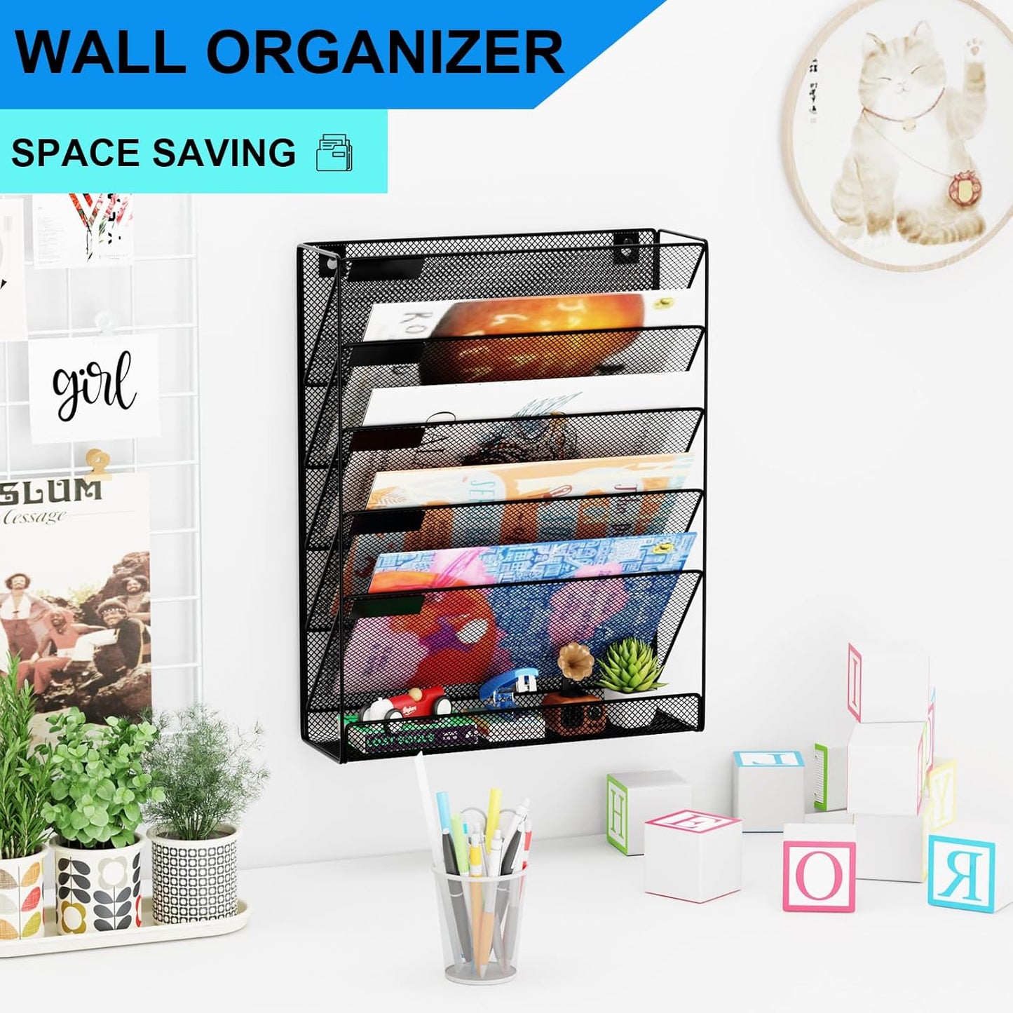 Wall File Organizer Holder Mesh Hanging Paper Document Holder,Vertical 6 Pocket Tier for Office Home, Black